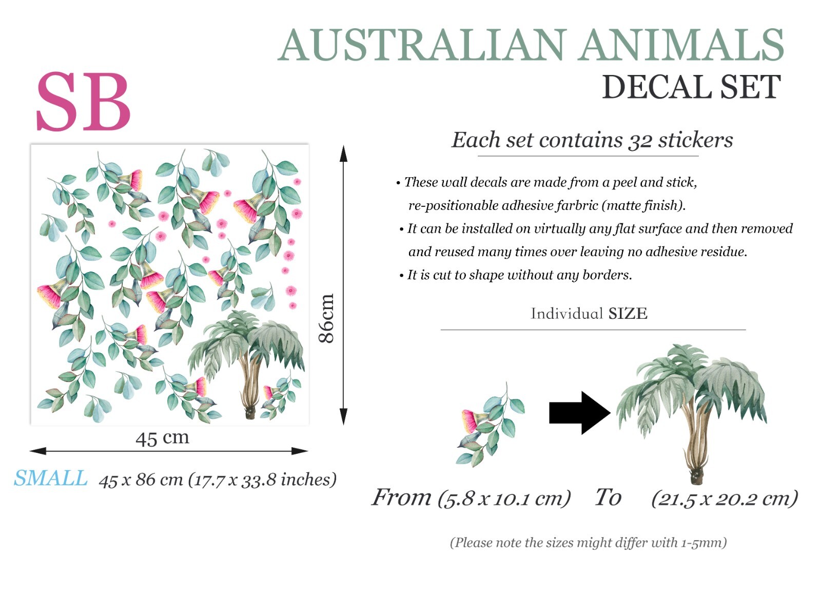 Australian Animals Kangaroo Koala Leaves Removable Wall Decal Peel and Stick