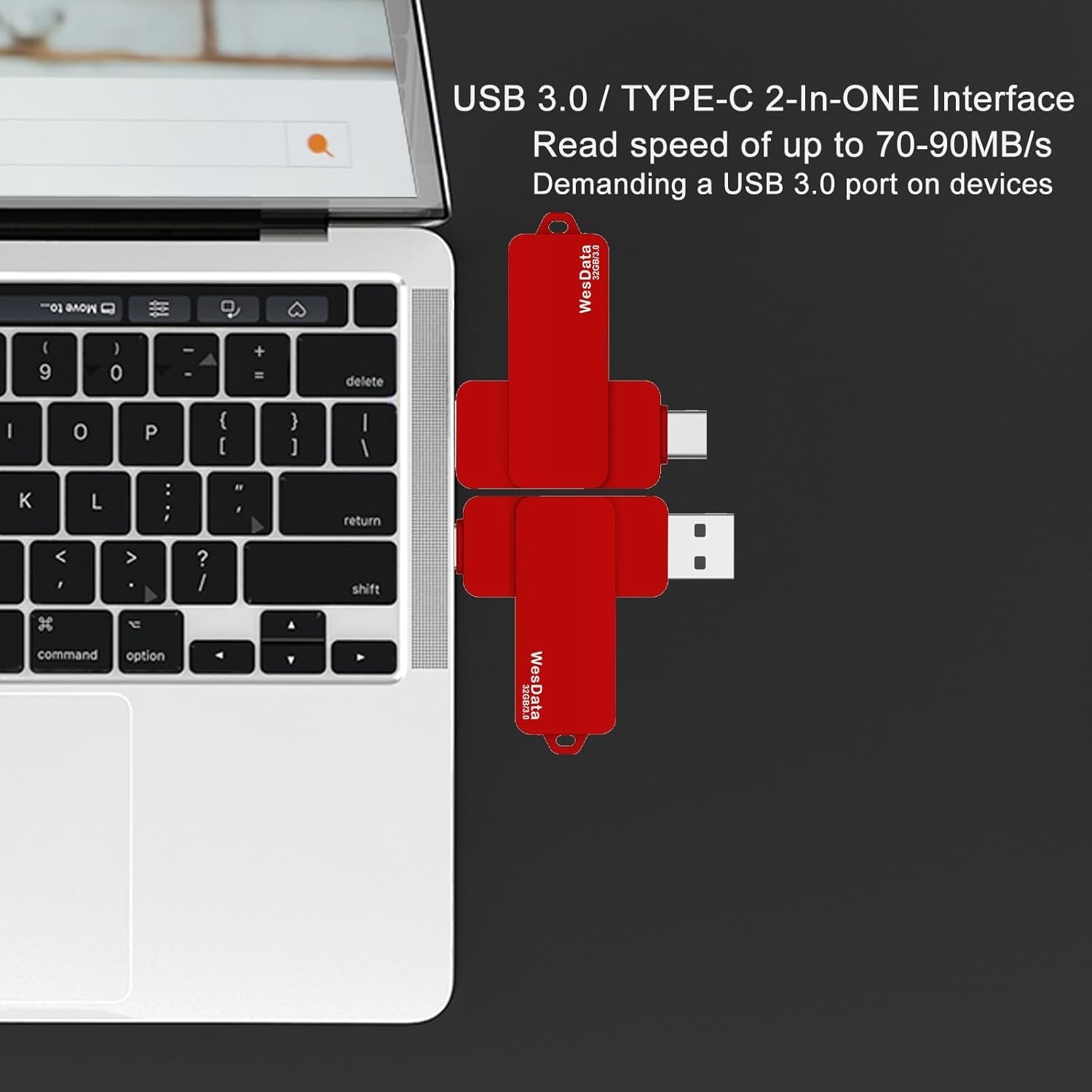 32GB 3.0 USB C Flash Drive with Type C and A Port, C 3.0, Red