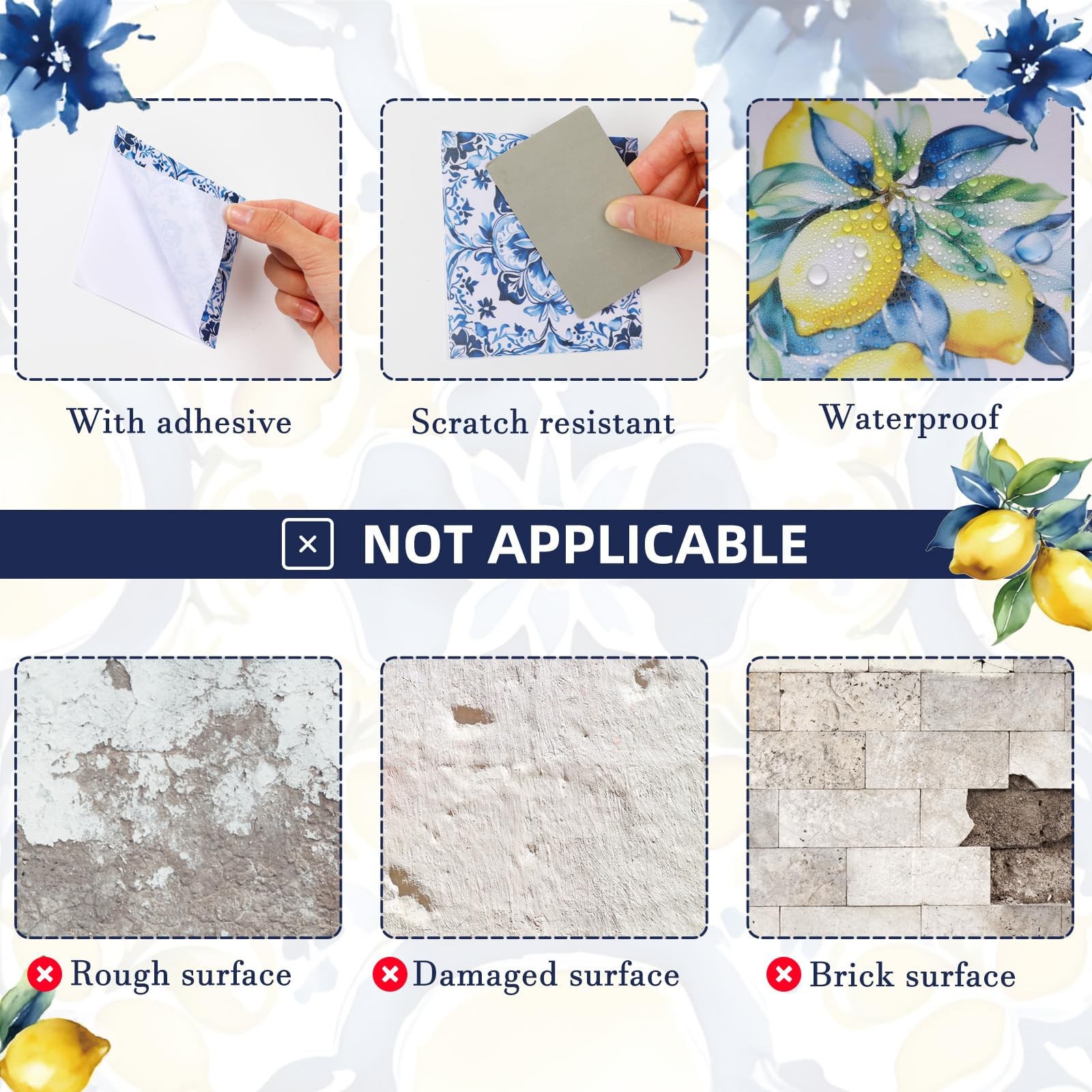 24 Pcs Lemon Tile Stickers 4×4 Inch Watercolor Mediterranean Lemon Summer Pee…