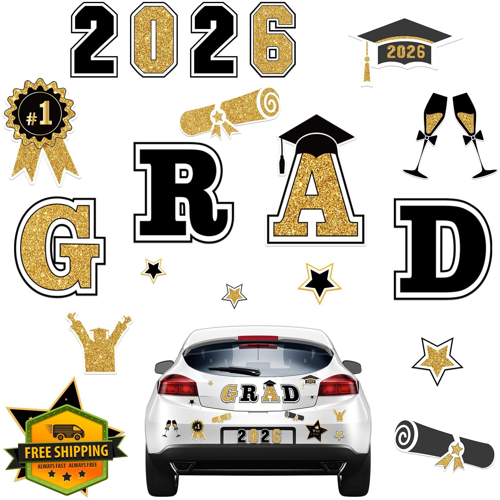 2026 Graduation Car Magnets (20 Pcs), Reflective Grad Decals, Black