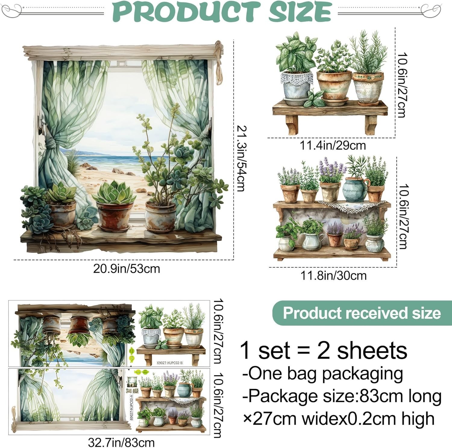 3D Potted Plant Fake Windows Wall Decals Green Plants Succulent Wall Stickers
