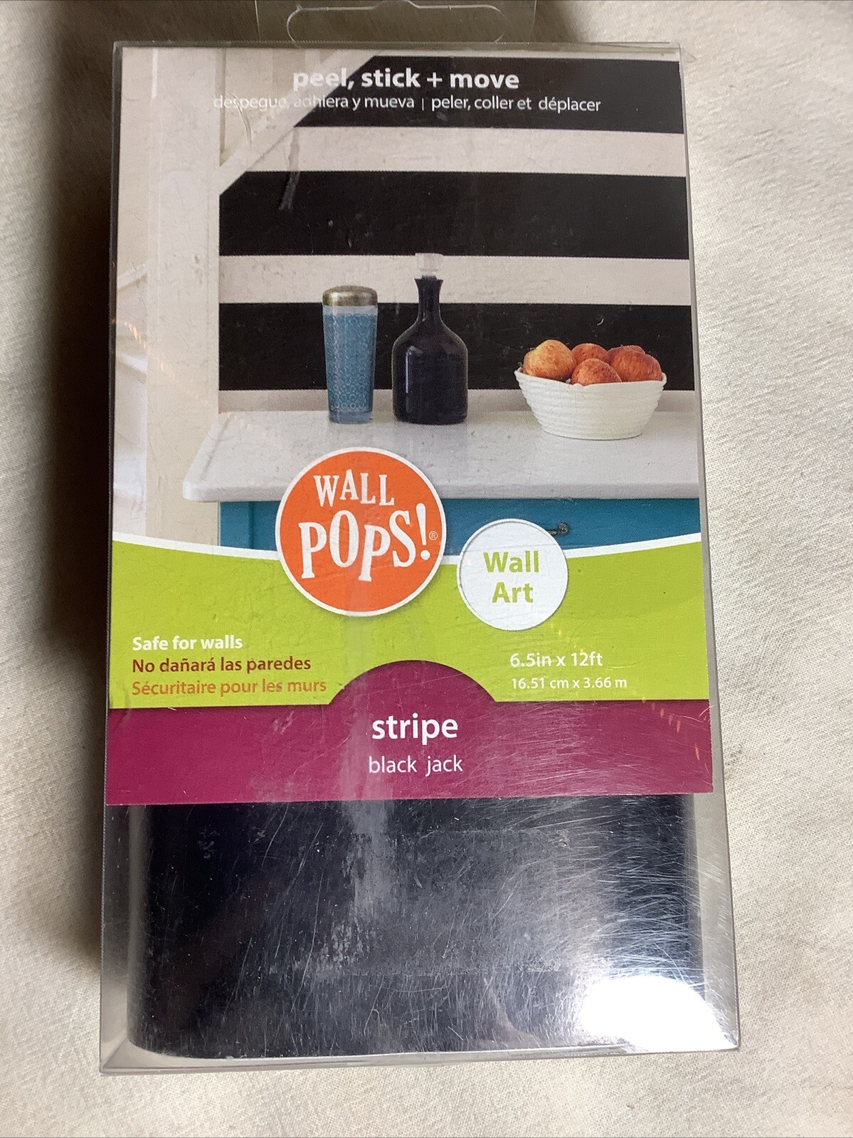 Wall Pops Wall Art! New 6.5” X 12FT Black Stripe~ Peel & Stick