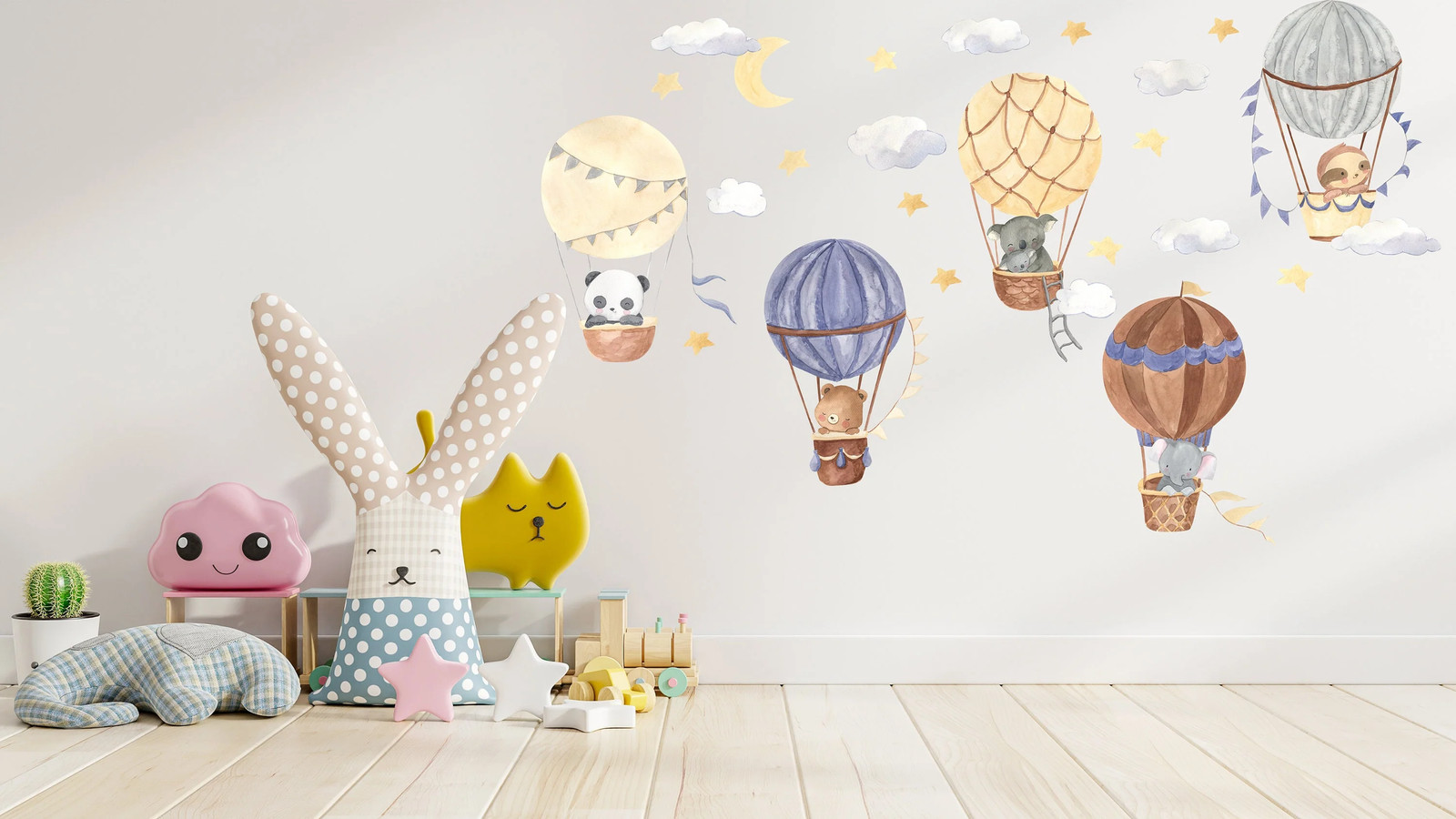 Hot Air Balloon Wall Stickers – Animals Clouds Nursery Decor Decal – Baby Kids