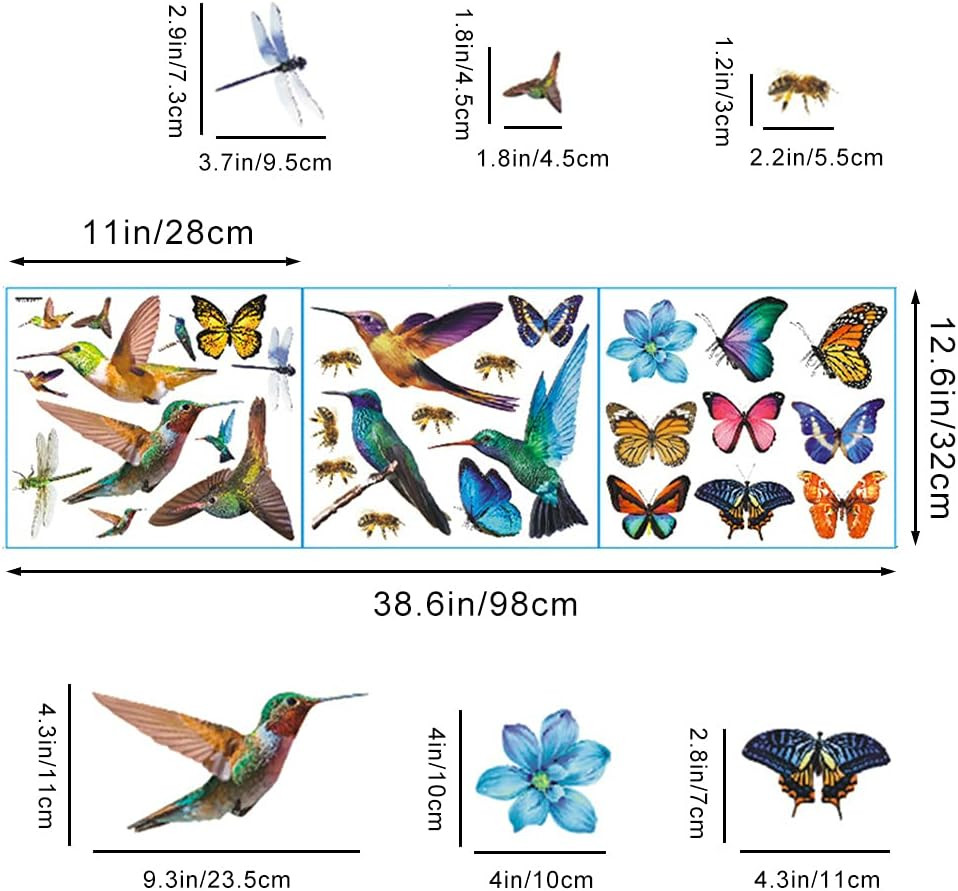 32Pcs Watercolor Butterfly and Hummingbird Stickers, Bee Dragonfly Flower Wall D