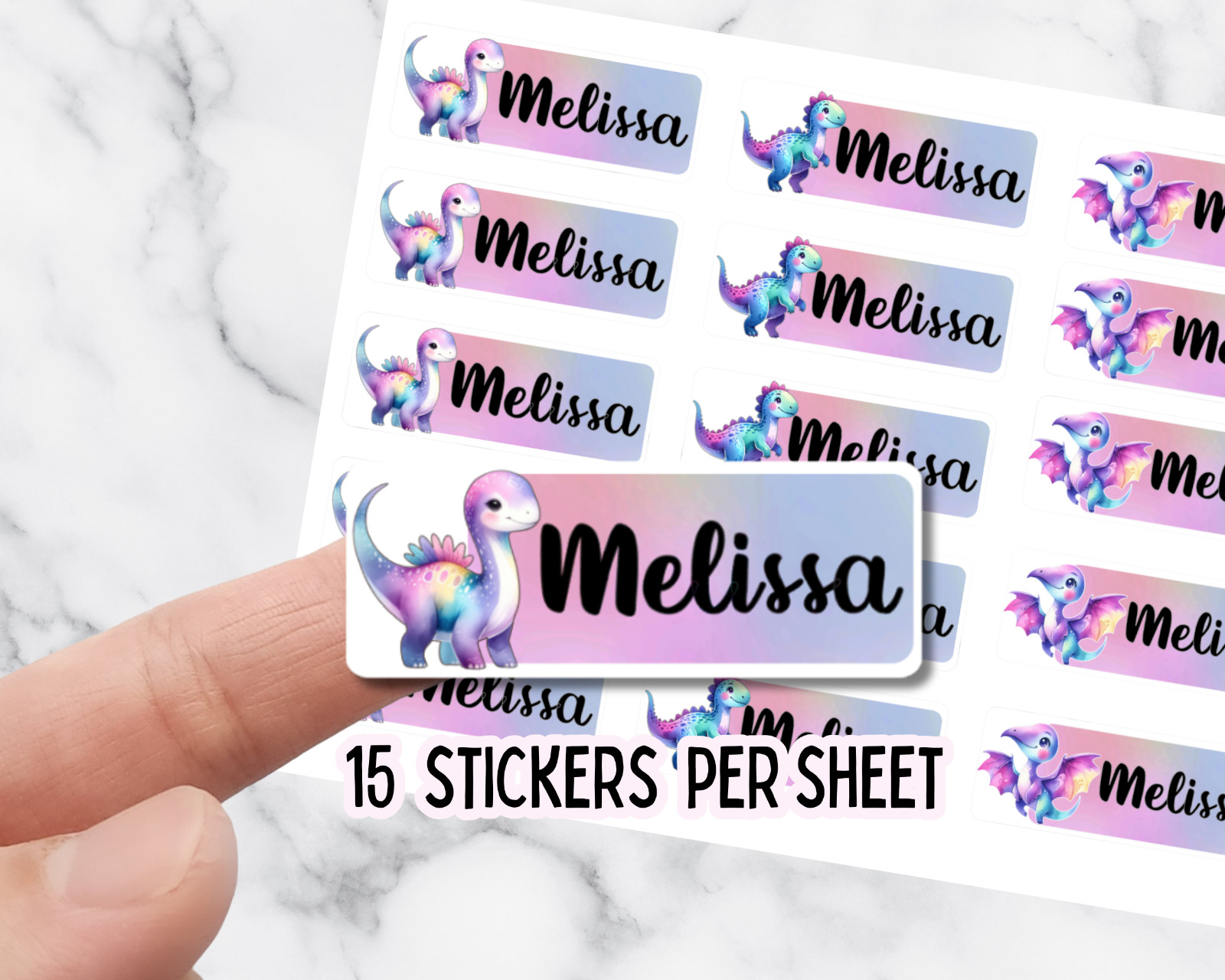 Custom Name Pastel Dinosaur Stickers – 15-Pack Label Sheet for Kids Girls
