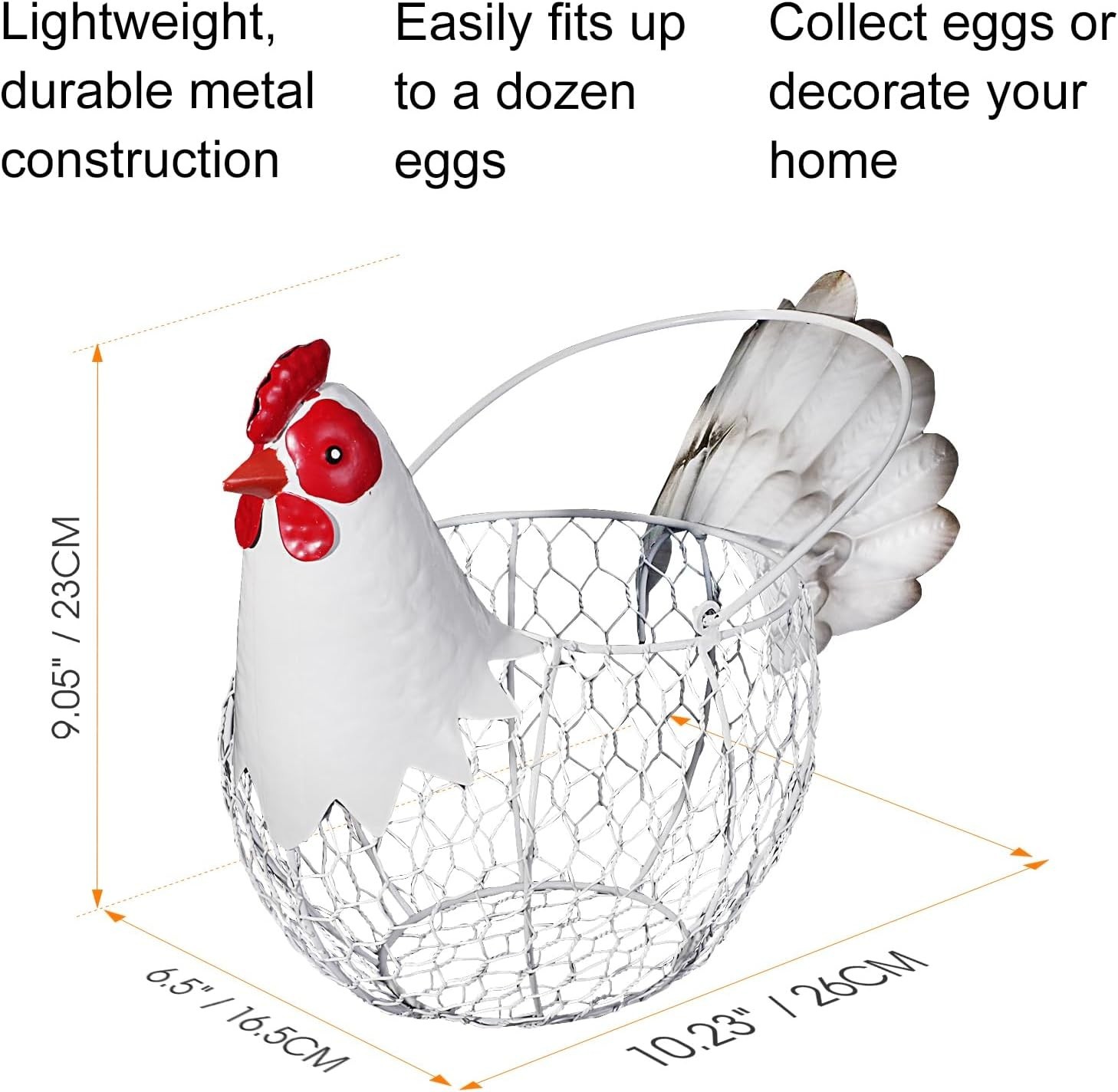 Farmhouse Rustic White Chicken Wire Metal Egg Basket with Handle,Vintage Rooster