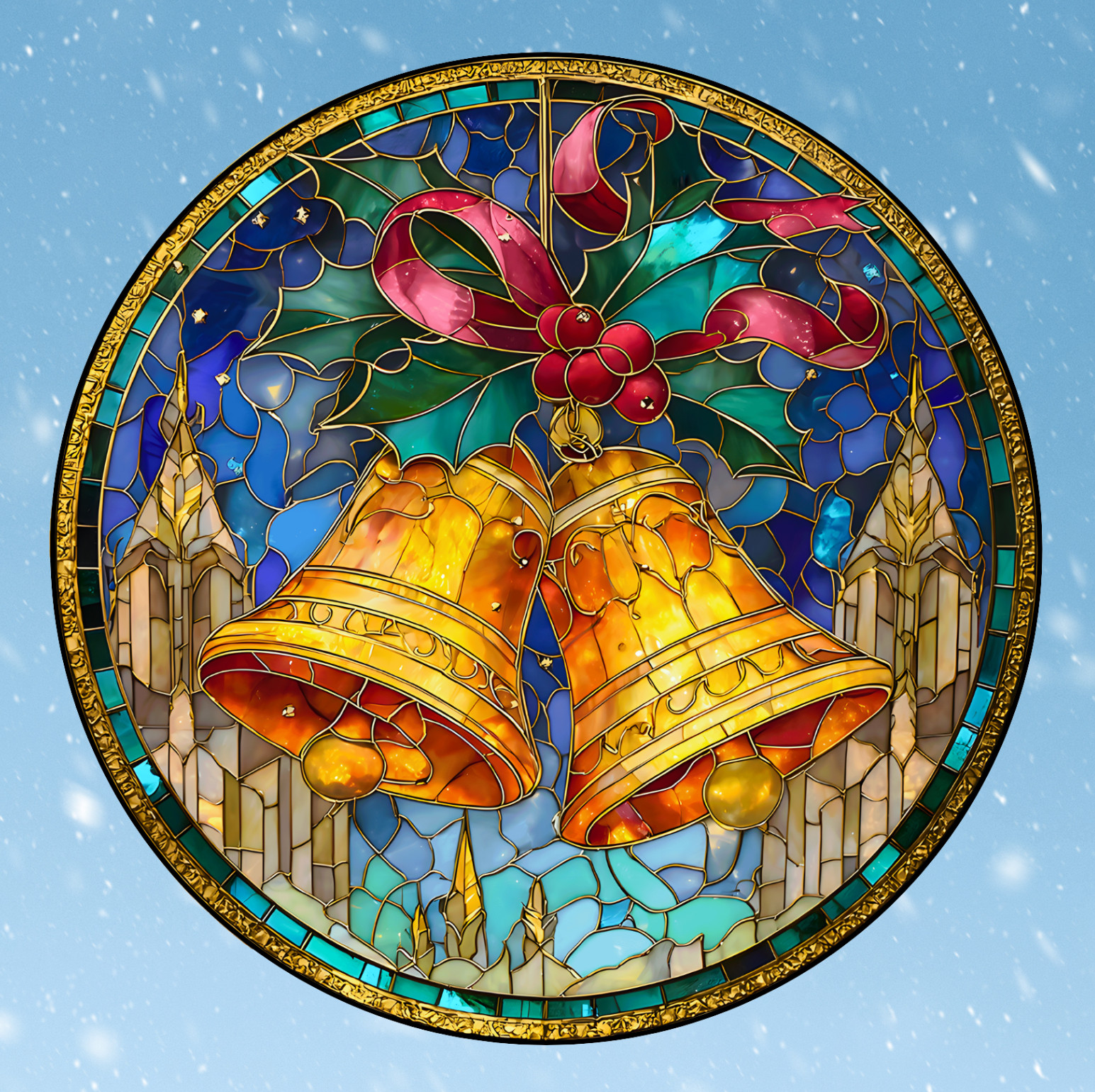 Christmas Church Bells Faux Stained Glass WINDOW CLING Size 8" Round Vinyl
