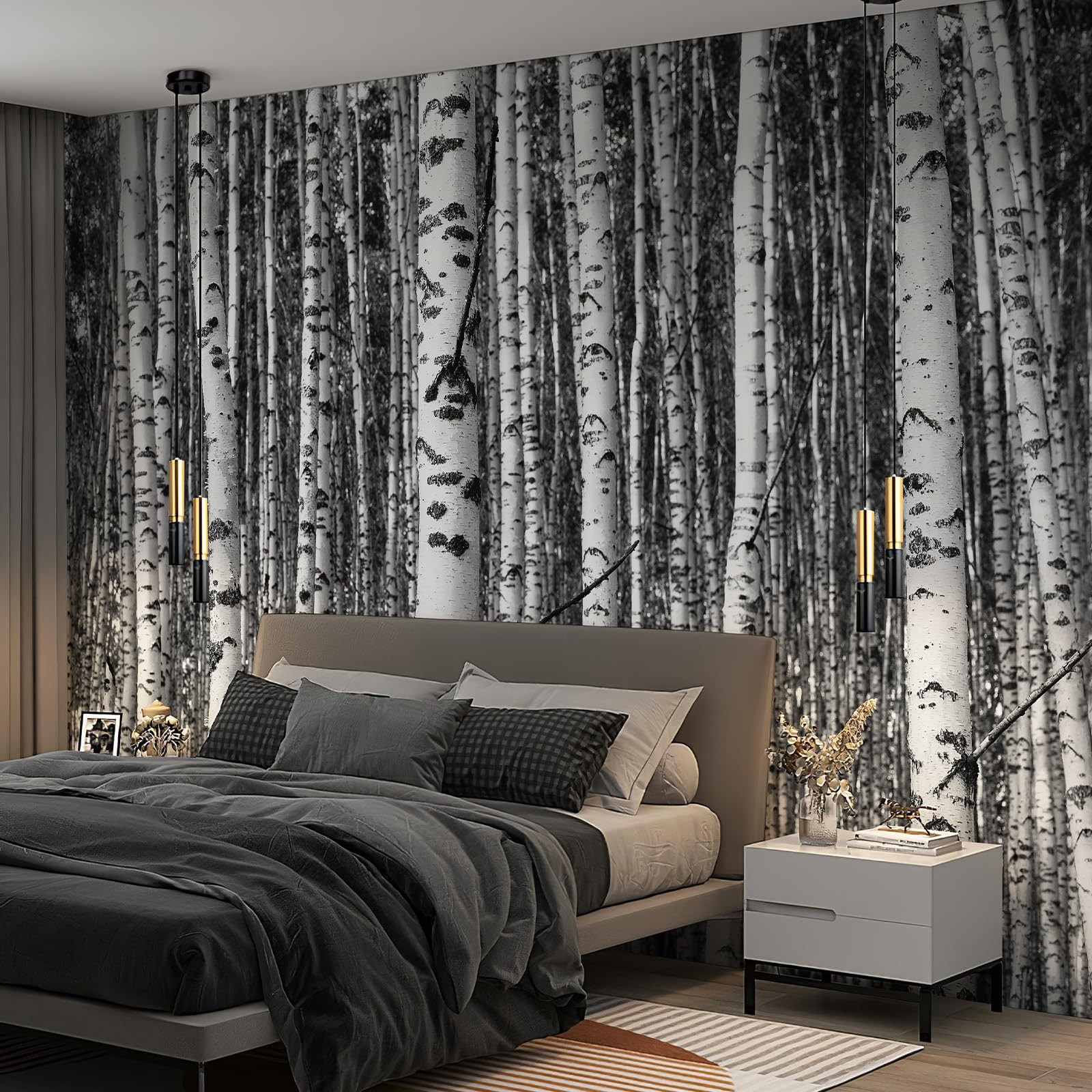 Large Wall Mural Peel and Stick Black White Birch Forest Mural 148"x 98"