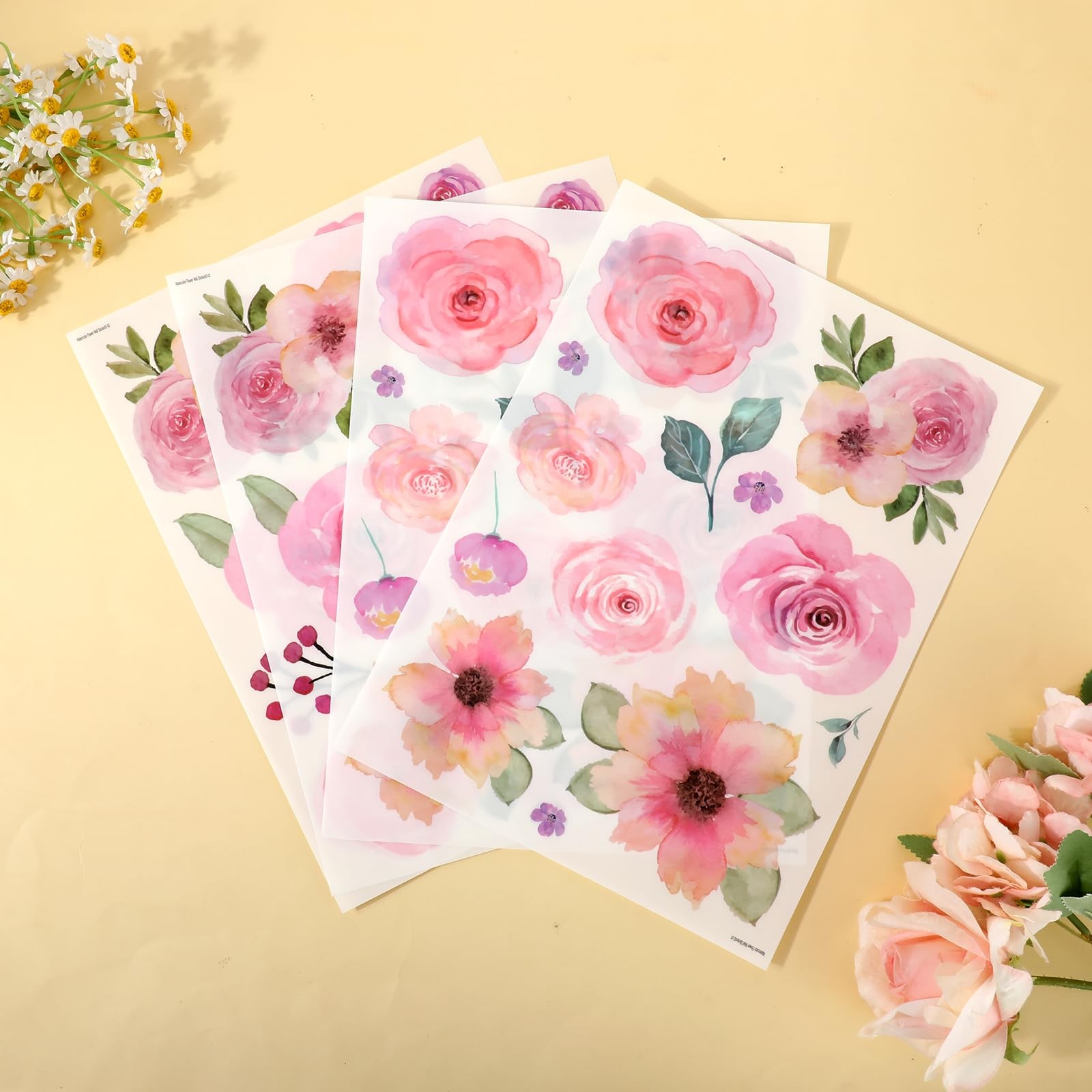 60pcs Pink Flower Wall Sticker PVC Peel and Stick Wall Decals Cute Peony Flor…