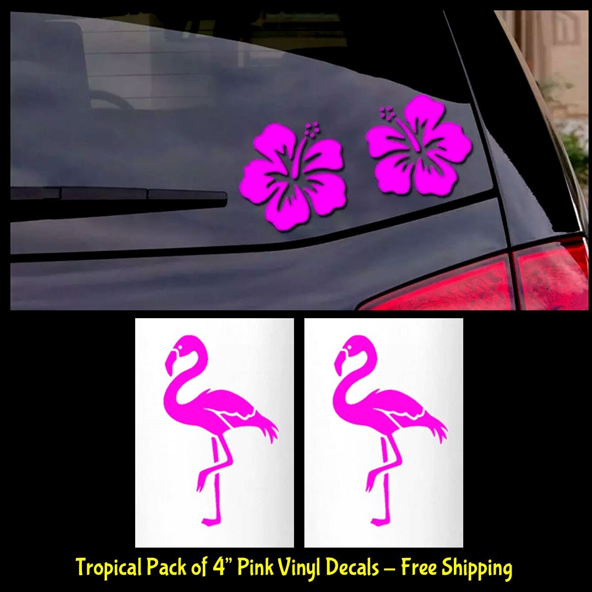 Hibiscus Hawaiian Flower & Flamingos 4 Pack White Vinyl Decals Car Window Laptop
