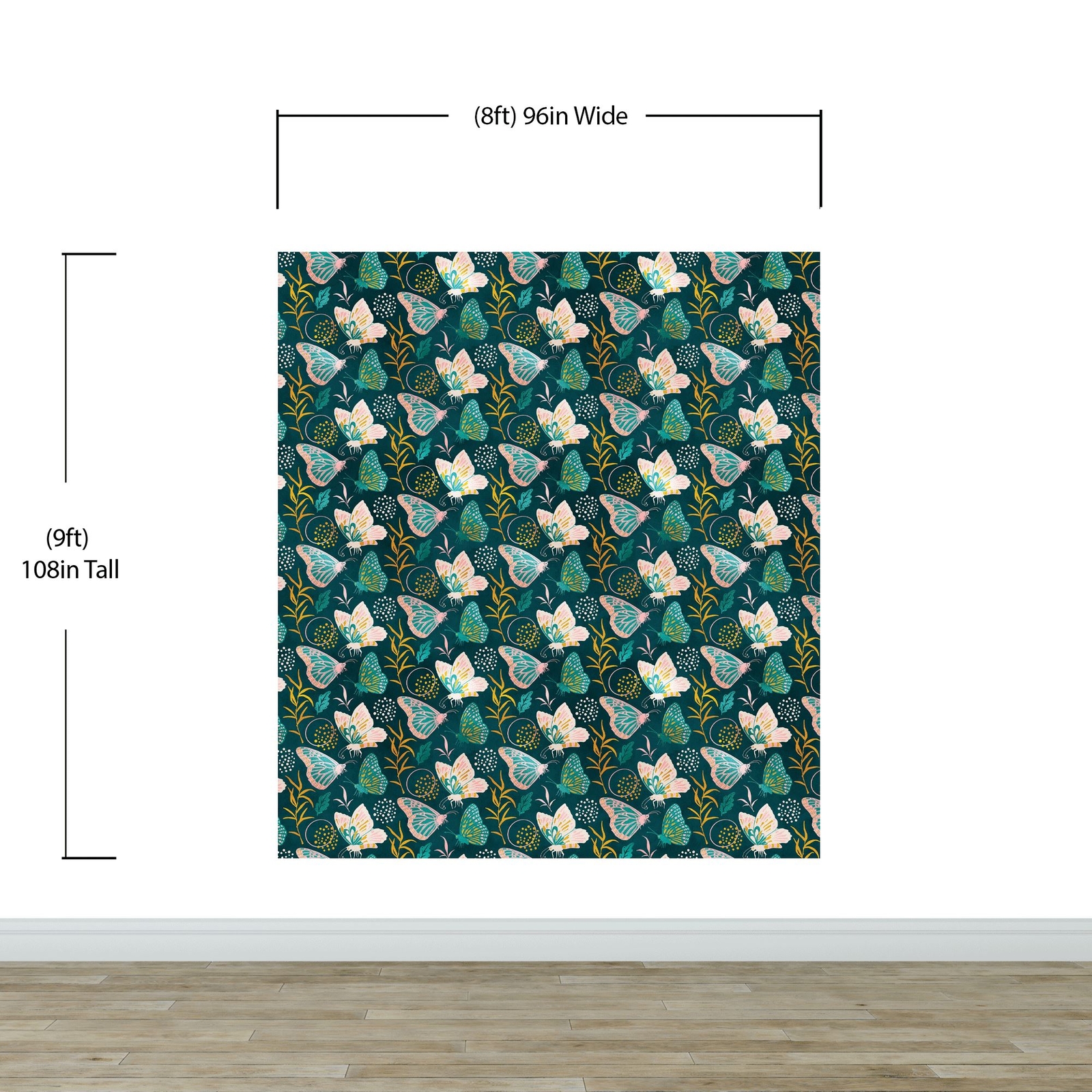 Butterfly Pattern Wall Mural. Retro Green and Gold Color Illustration Design. Be