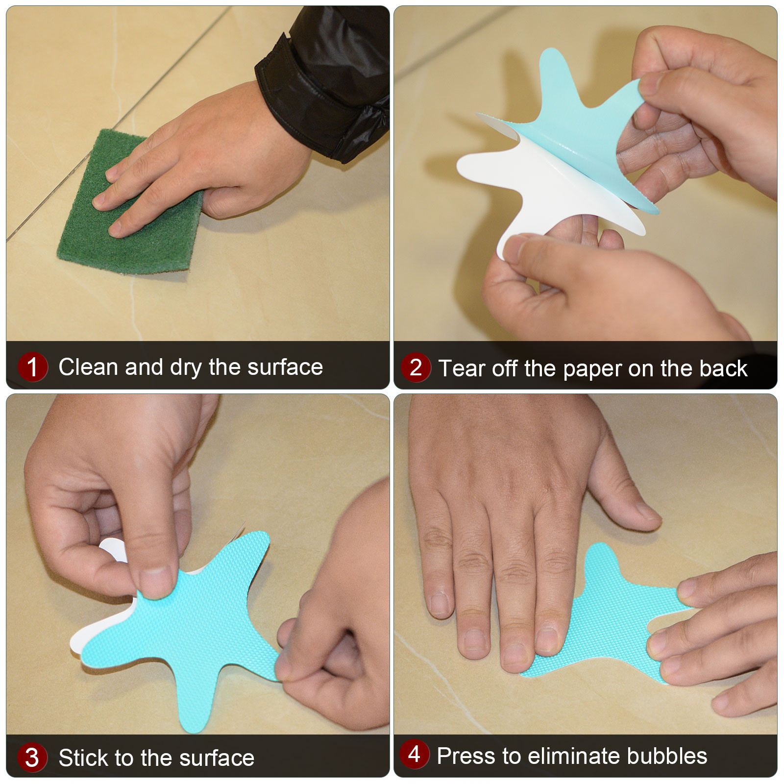 12pcs Non Slip Stickers 3.86" Bath Shower Floor Starfish Decals Grass Green