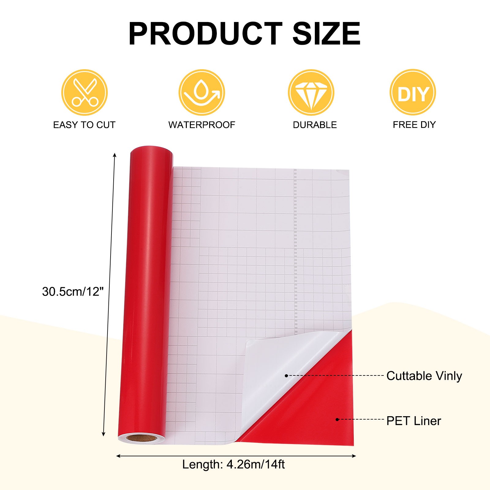 Red Permanent Vinyl, 12 Inch x 14ft Adhesive Vinyl Roll