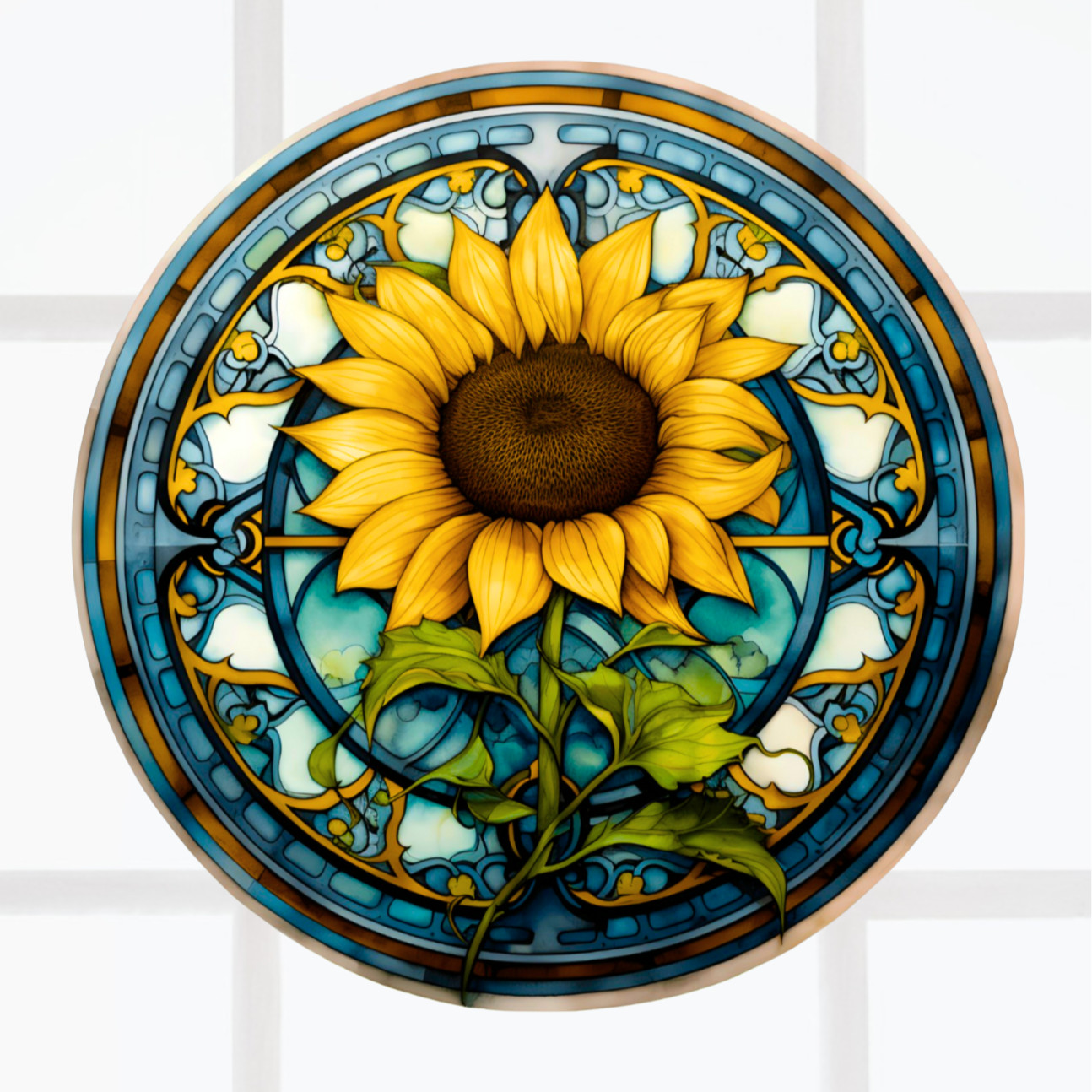 Sunflower Faux Stained-Glass WINDOW CLING Sun-catcher Size 8" Round Vinyl