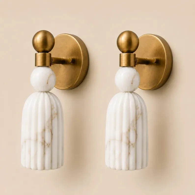 Handmade Alabaster Marble Wall Sconce | Brass Fluted Light, Modern Bedside Lamp