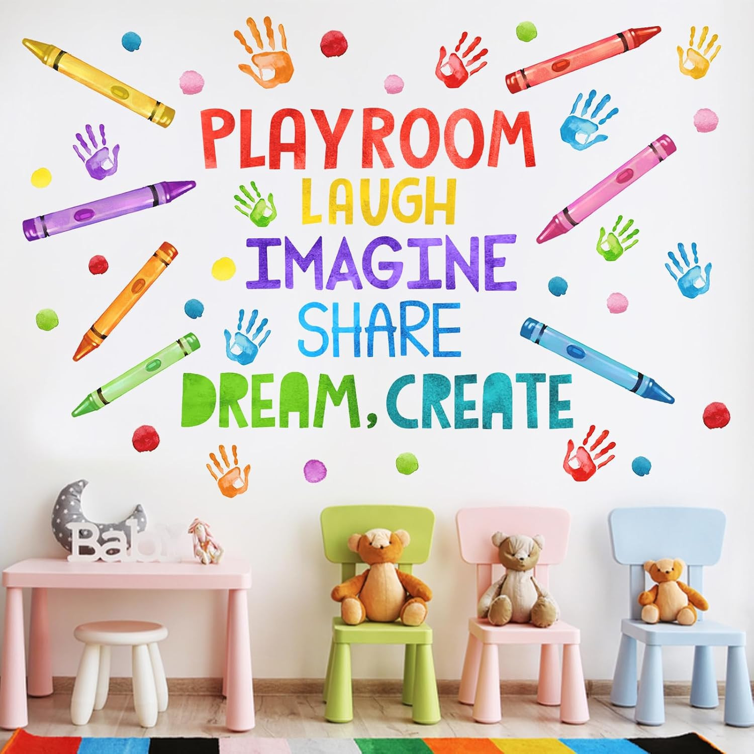 Playroom Wall Decals Stickers, Crayon Handprint Polka Dots Inspirational Quote N