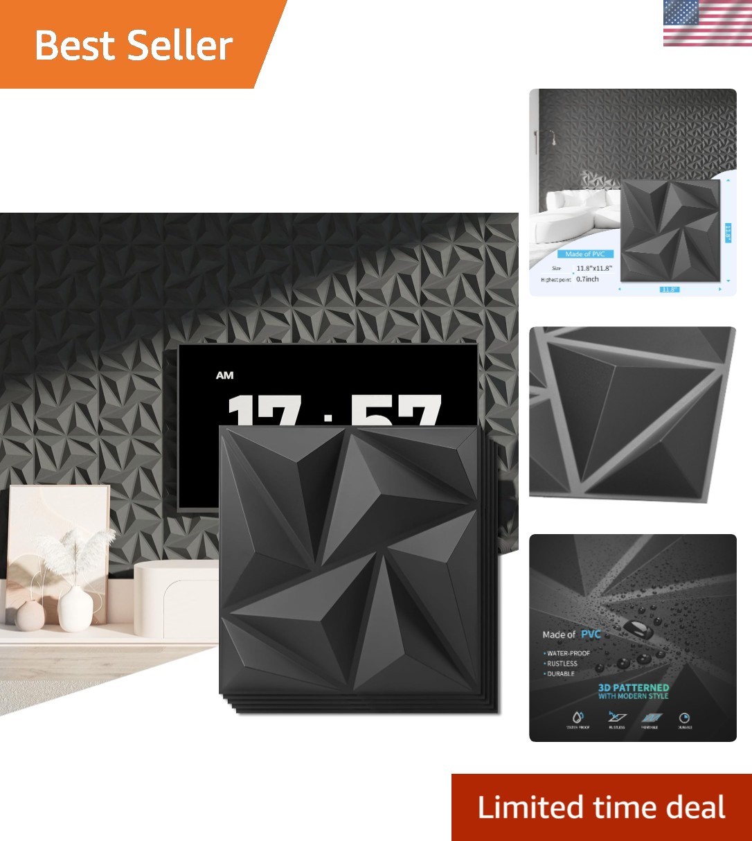 20-Pack 3D Black PVC Wall Panels – Lightweight Glue-Up Decor for Modern Spaces