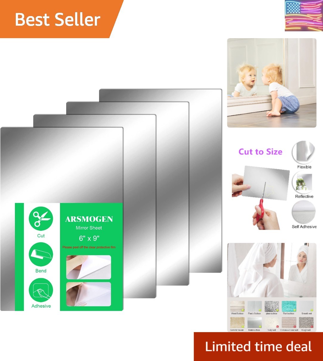 4 Pieces Flexible Cut to Size Mirror Sheet 6" x 9", Self Adhesive Non Glass M…