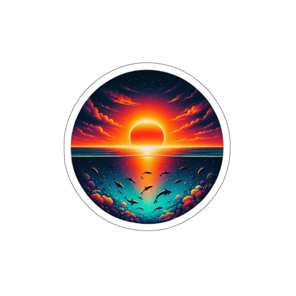 Sticker Sunset Ocean Life Circular Underwater Scene Nature 2×2" 3×3" 4×4" 6×6"