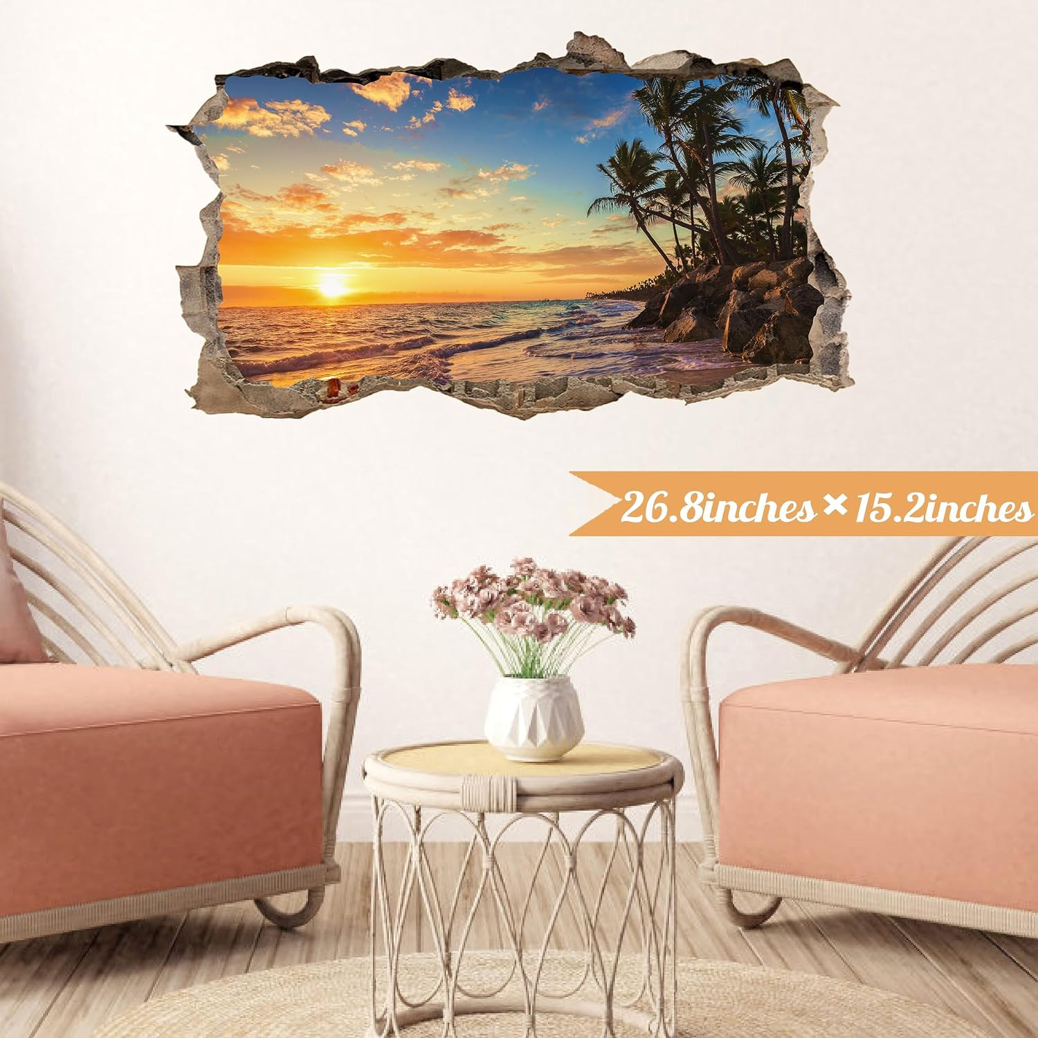 3D Sunset Beach Wall Decals, Peel and Stick Art Murals, Palm Tree Stickers