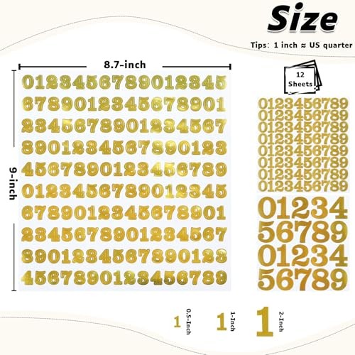 1040 Pieces Small Number Stickers, 1/2",1",2" Waterproof Vinyl Self Gold