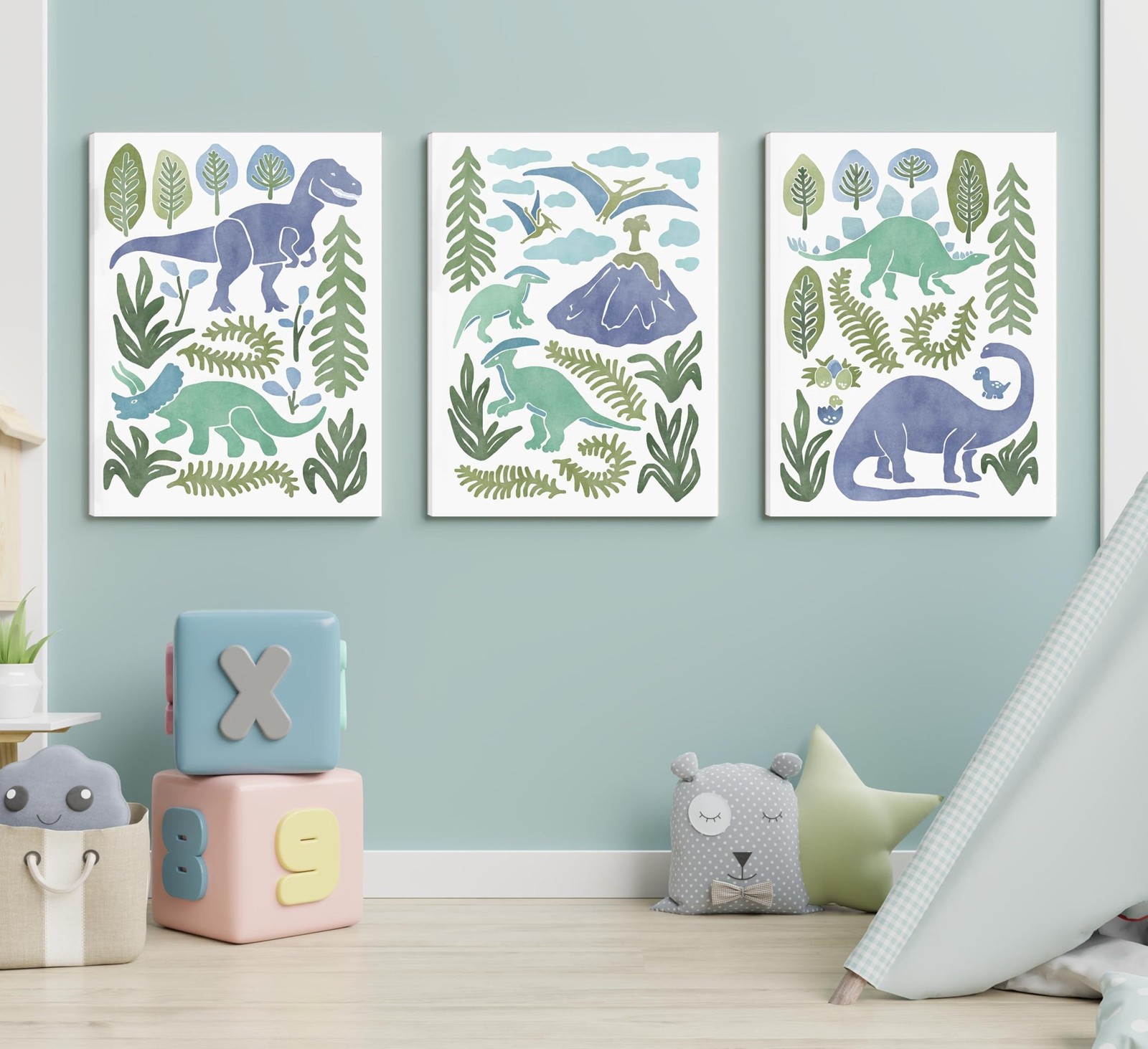 Baby Boys Nursery Wall Art Blue Green Dinosaur Pictures Wall Decor Stegosauru…
