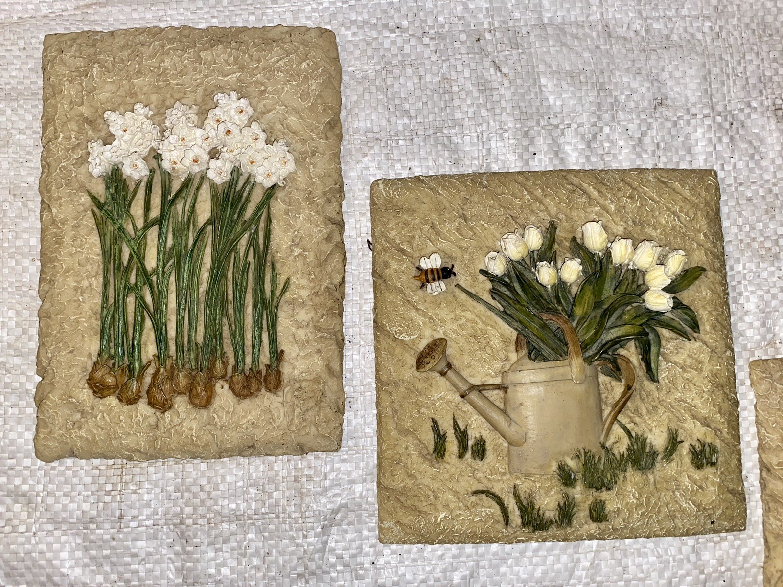 SET OF 4 SCULPTURED CERAMIC FLOWER GARDEN WALL DECOR PLAQUES