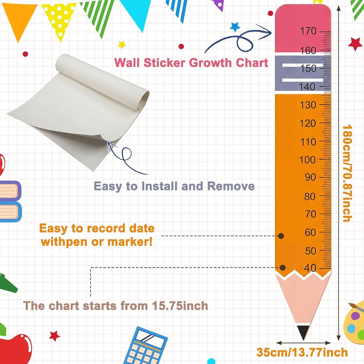 Height Growth Chart Wall Sticker Decor 77"x14" Pencil Shaped Height Measurement