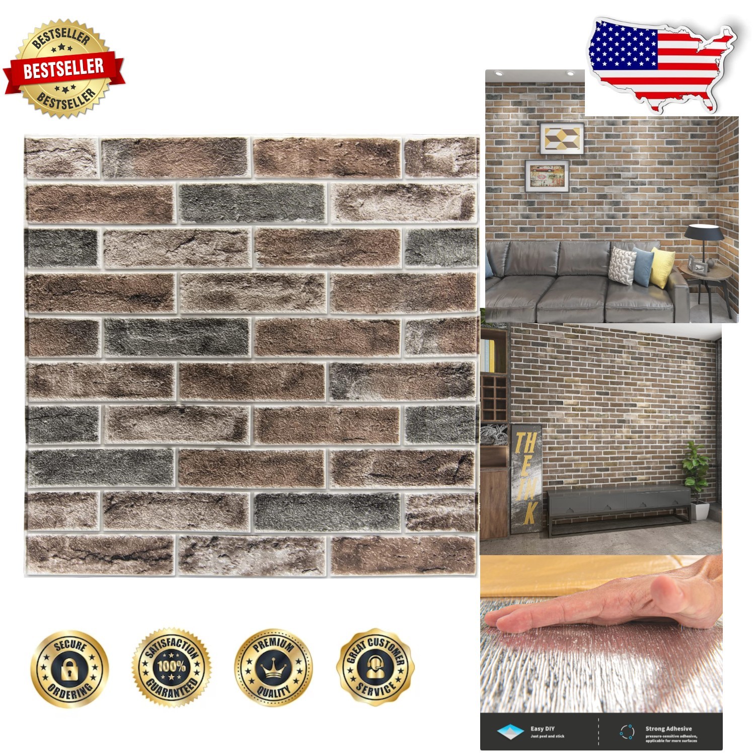 Large 3D Brick Wall Tiles 20pk 105 SqFt Gray Brown Waterproof Self-Adhesive