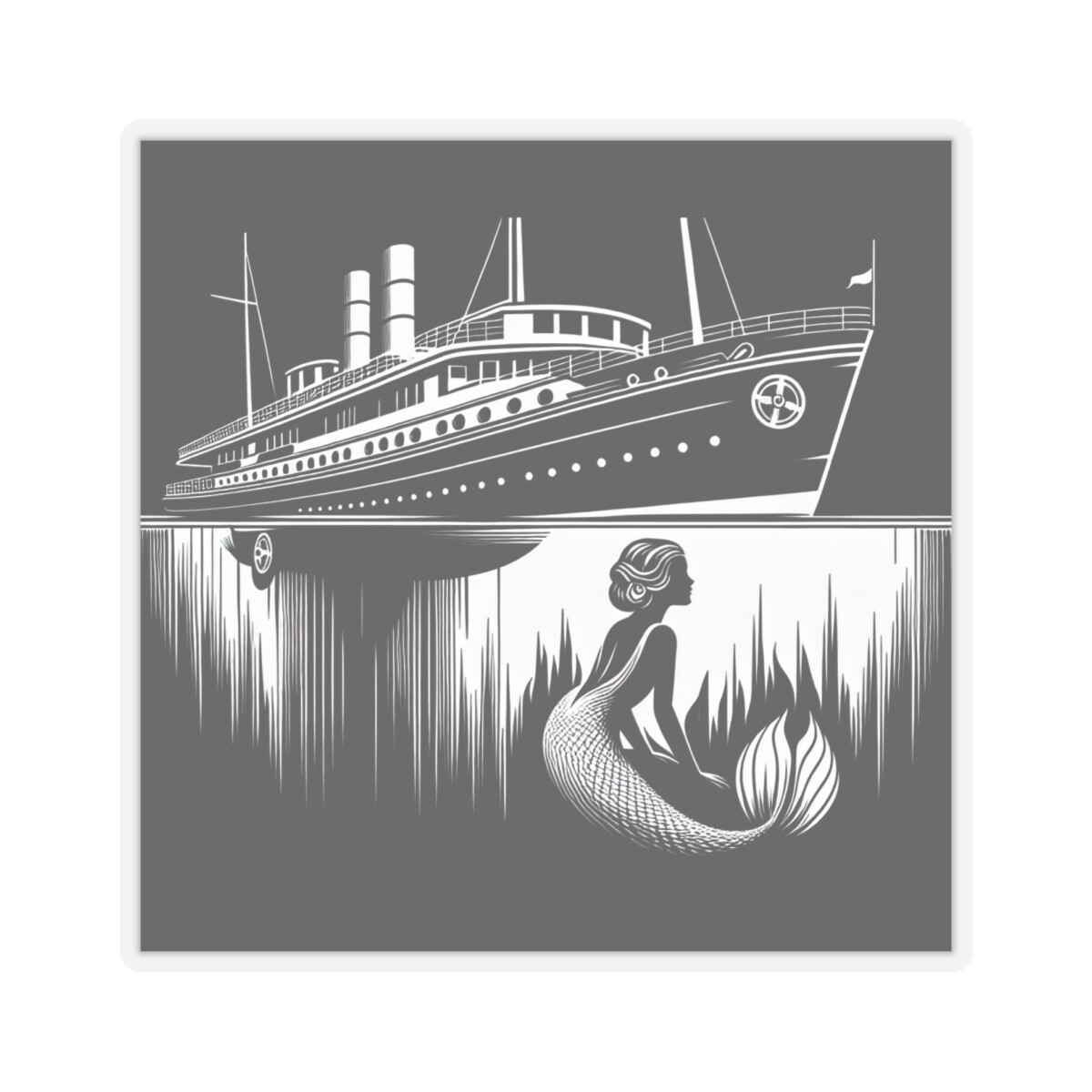 Sticker Art Deco Ocean Liner Mermaid Illustration Beautiful Nautical Artwork