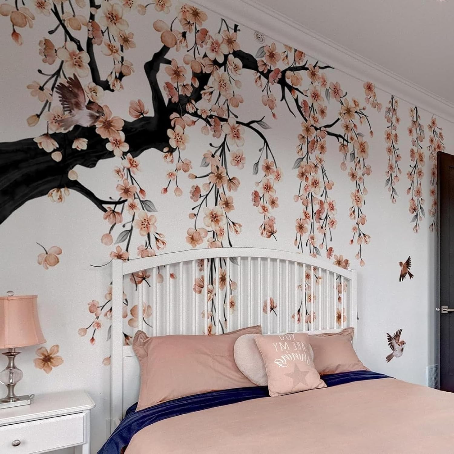 Large Pink Cherry Blossom Branch Wall Stickers – Floral Bird Decals