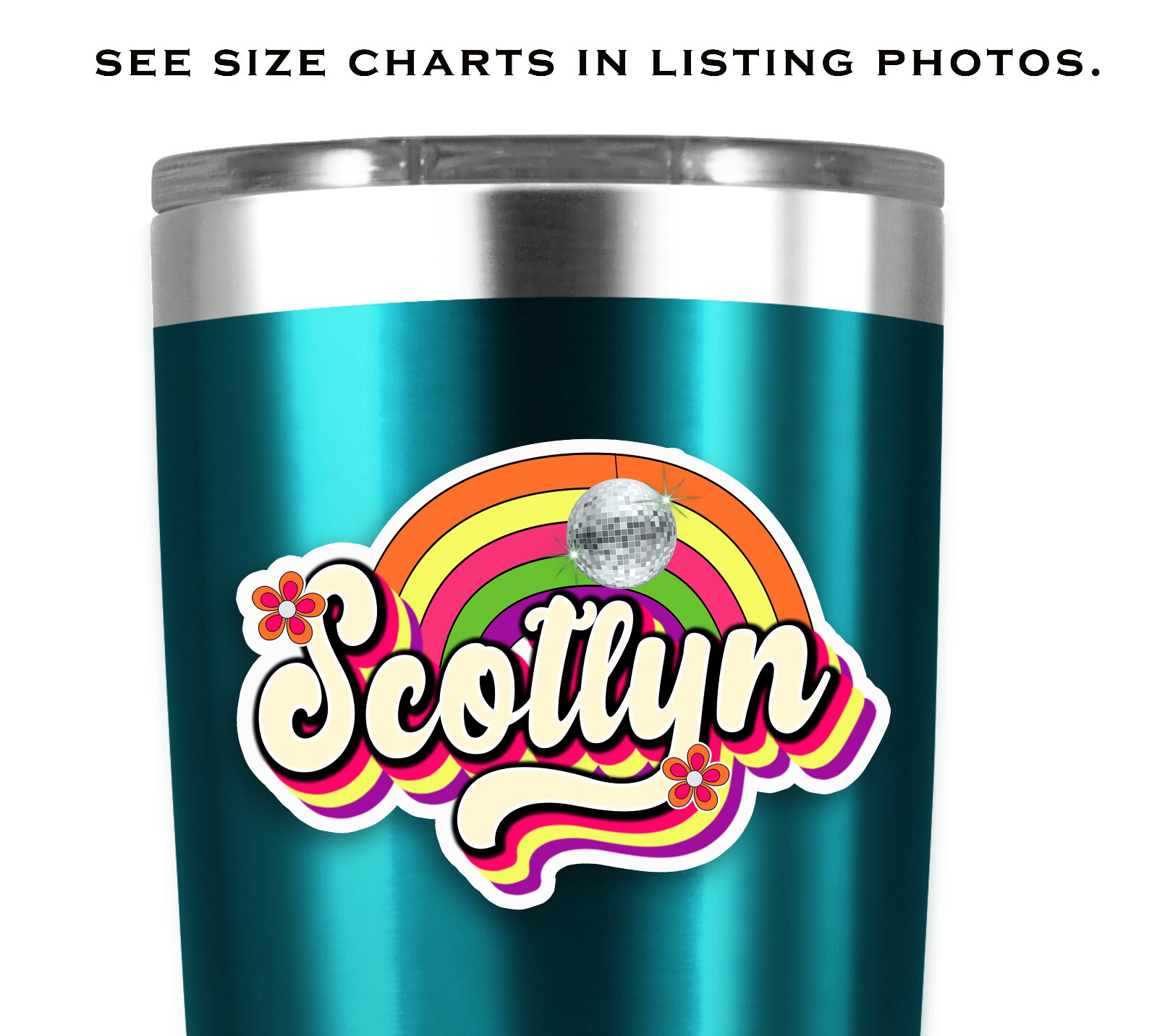 Custom Name Sticker, Personalized Decal, Retro Hippie, Groovy Rainbow Disco Ball