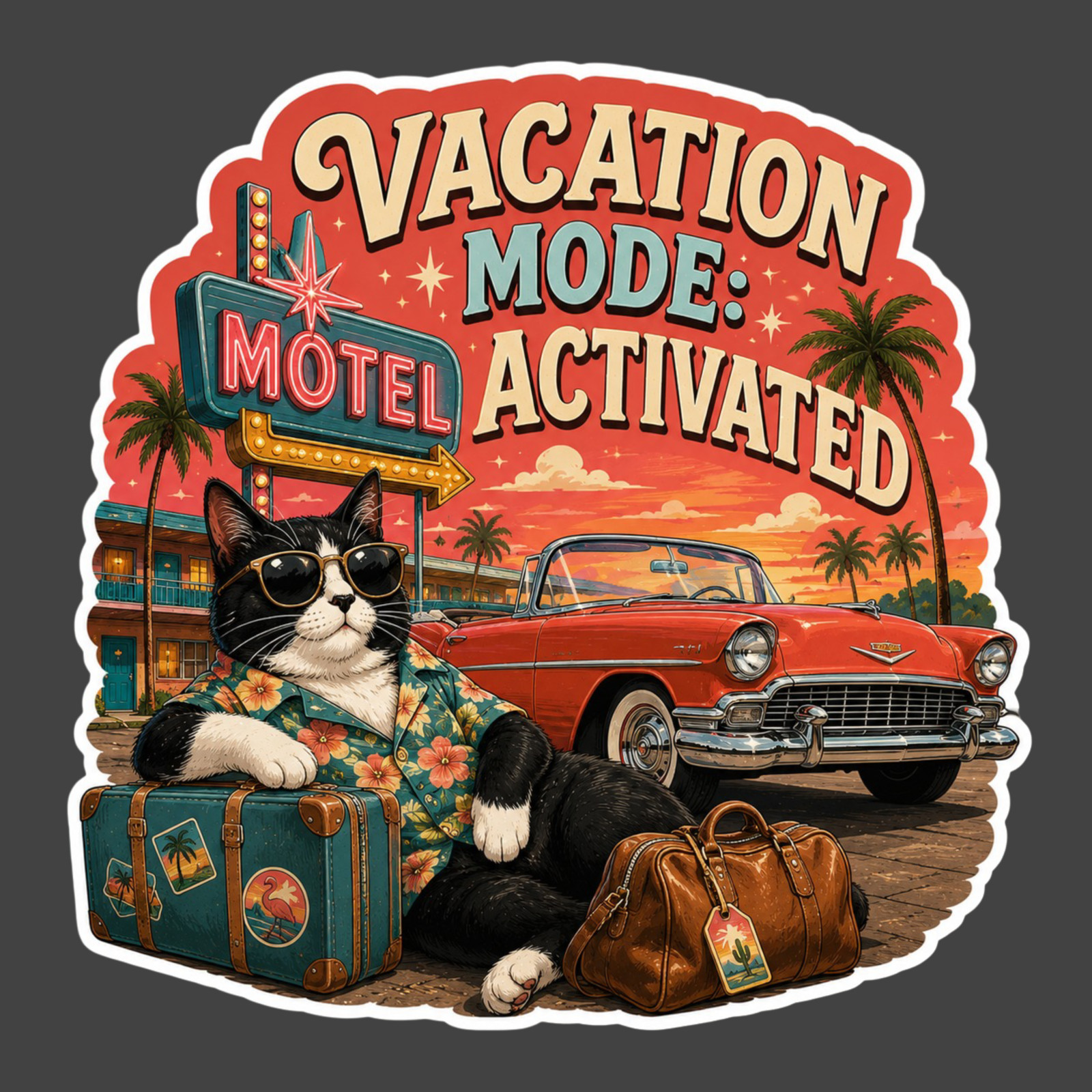 Cat Sticker Vinyl Decal Vacation Mode Activated Travel Motel Road Trip