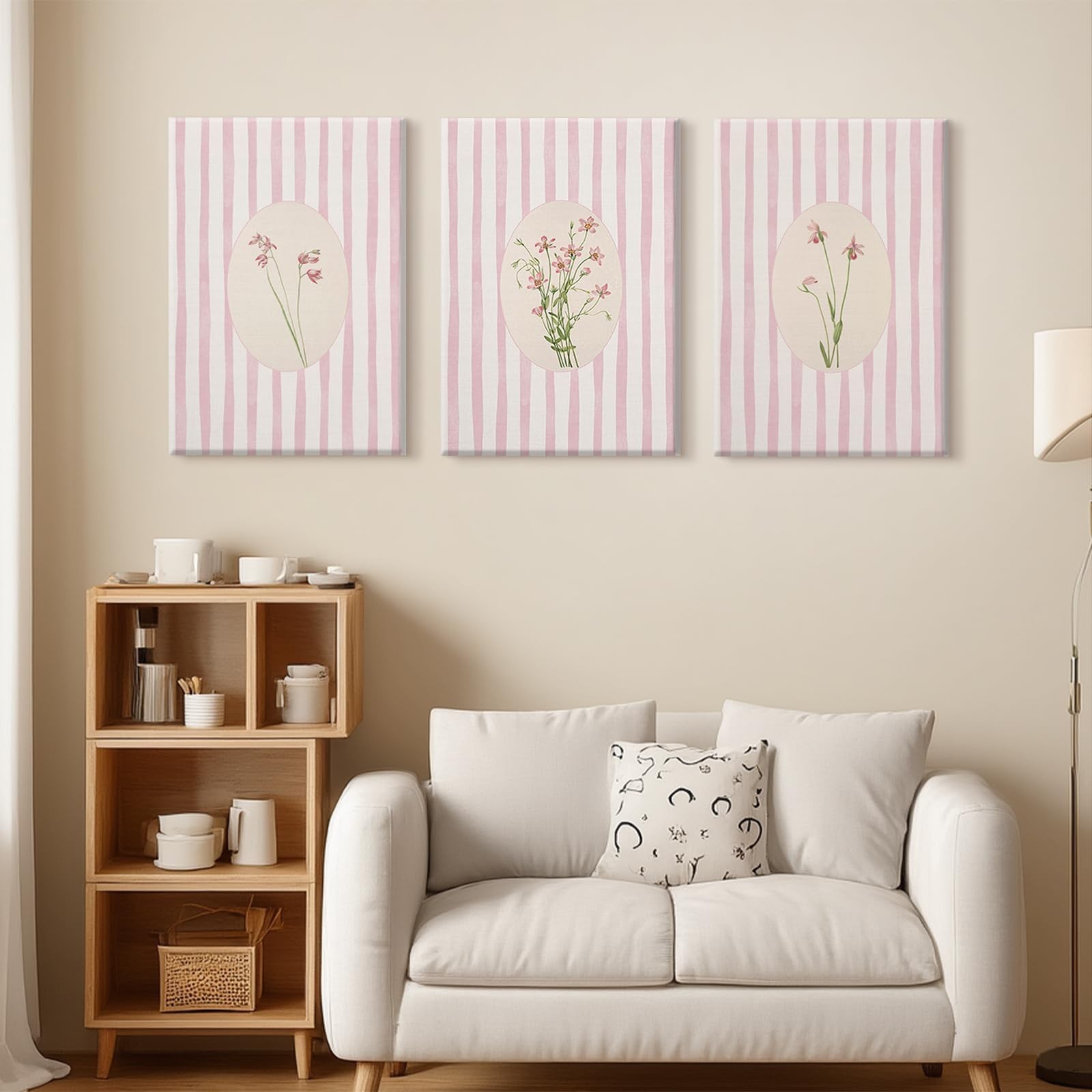 Pink Flower Wall Art Striped Floral Prints Botanical Canvas Wall Decor Aesthe…