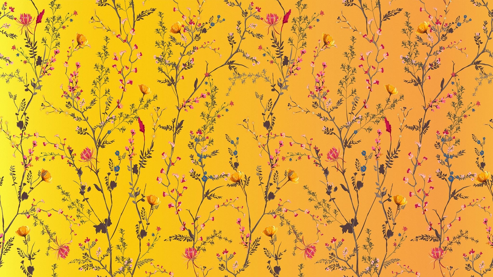 Botanical Flower Garden With Yellow Orange Background Wall Mural. Blossom Flower