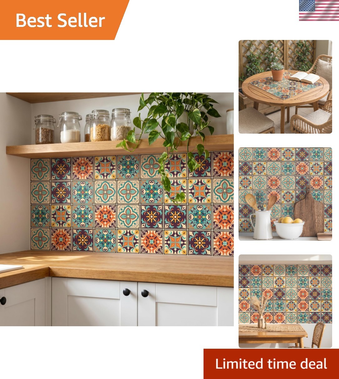 Vibrant Bohemian Tile Wall Stickers – 30-Pack Waterproof & Residue-Free, 4×4"