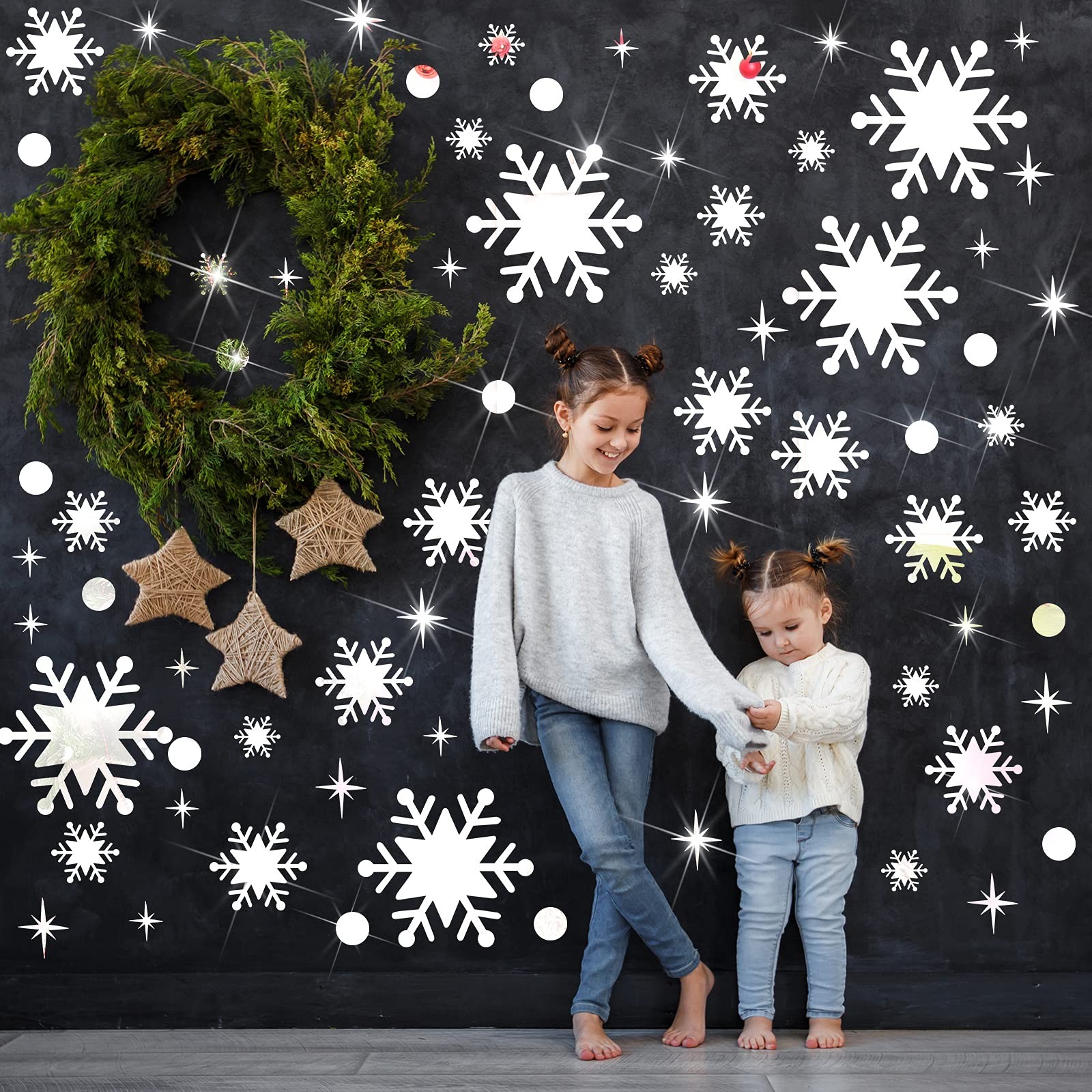 Outus 193 Pcs Christmas Snowflake Mirror Wall Decal Sticker Silver