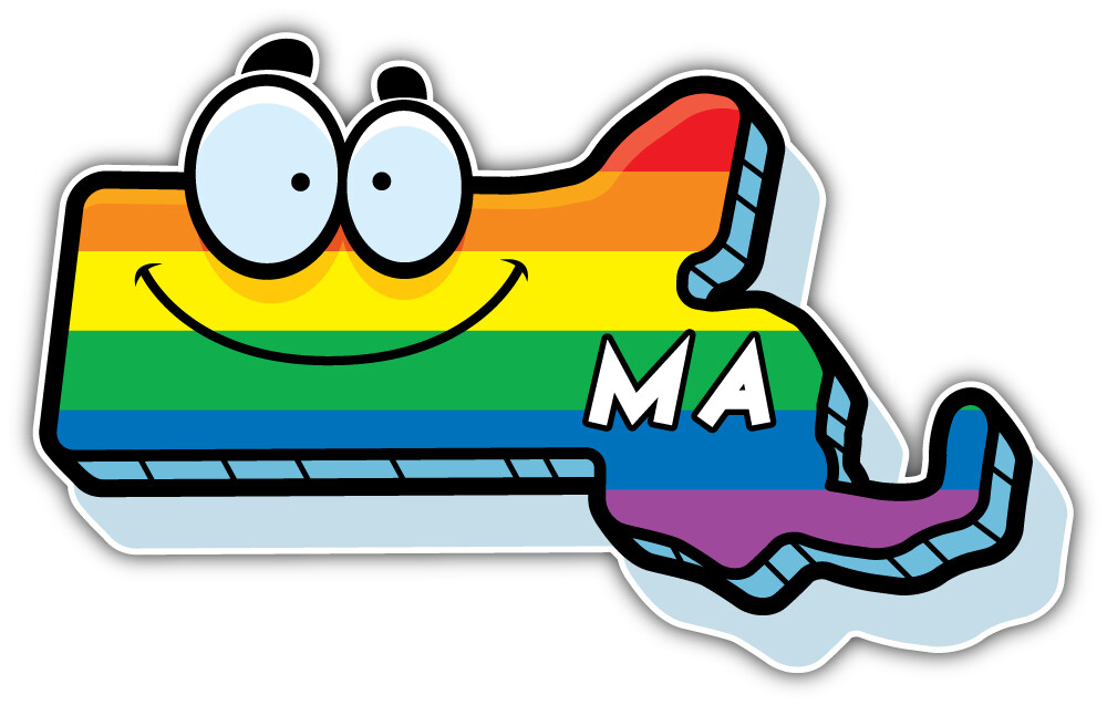 Massachusetts USA State Smiley Map Rainbow LGBT Flag Car Bumper Sticker 'SIZES'