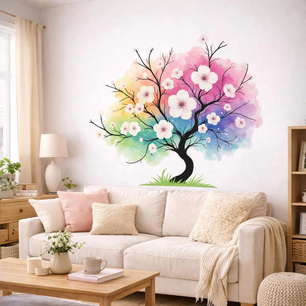 Watercolor Rainbow Tree Decal | Colorful Blossom Wall Art
