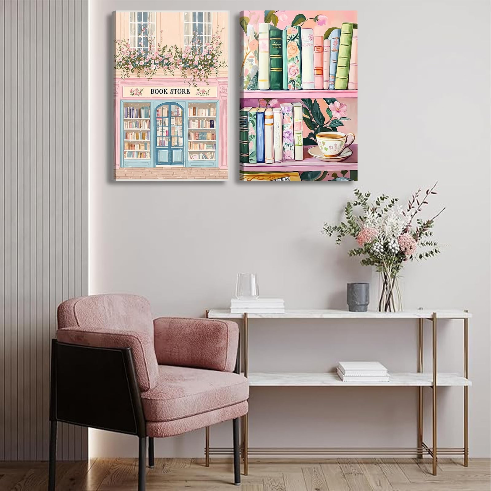 2Pcs Books Canvas Wall Art Vintage Floral Book Wall Decor Pictures Pastel Boo…