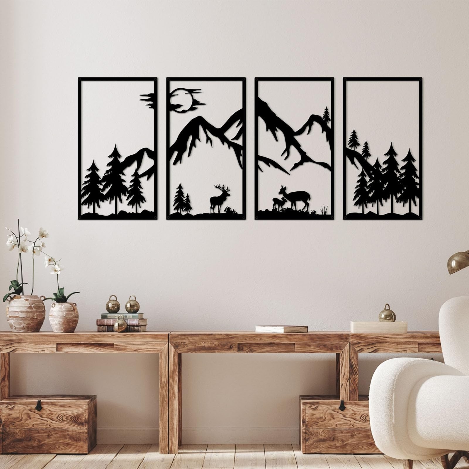 DUOOLN 4 Pcs Mountain Scene Metal Wall Decor, Black Line Drawing Wall Art, Ab…