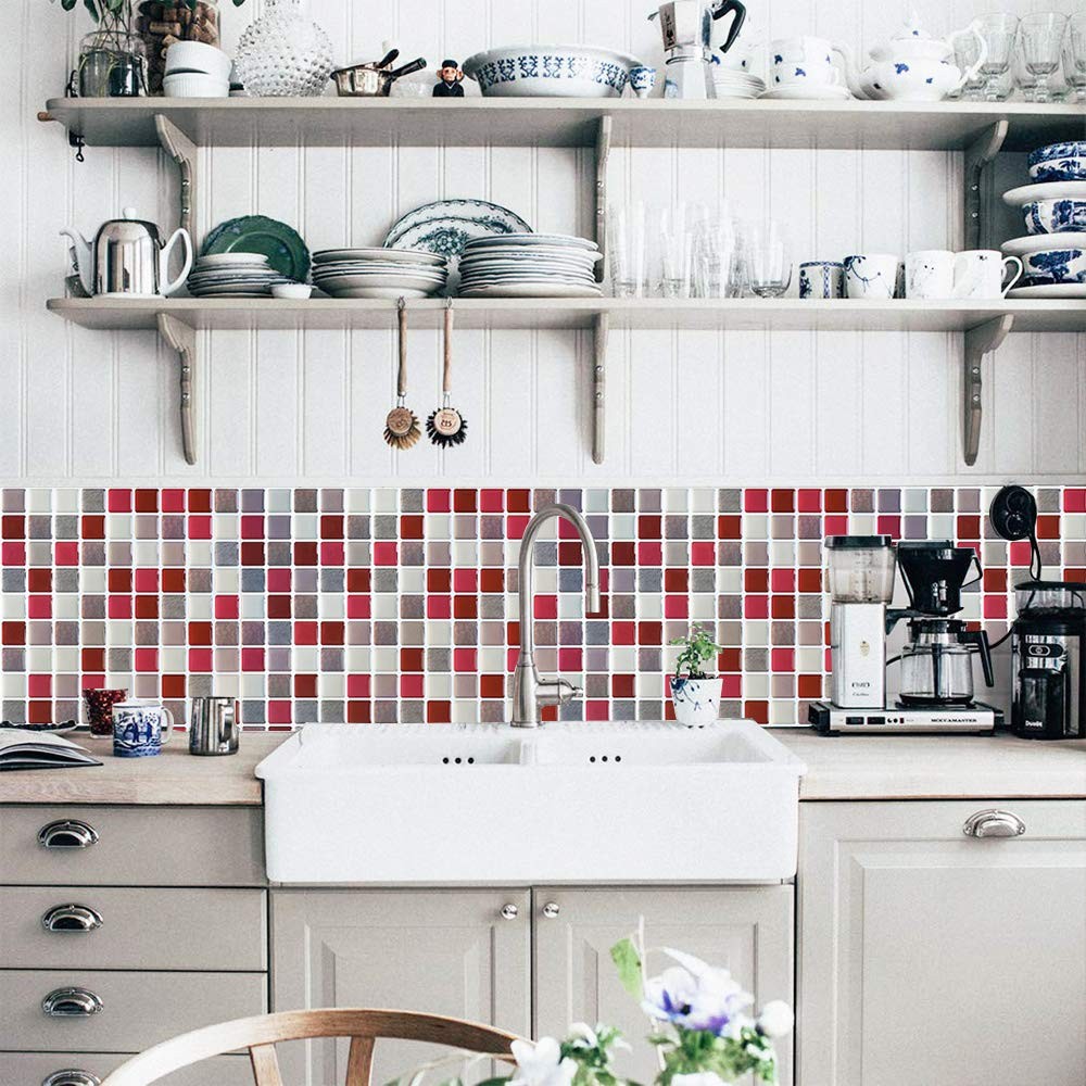 3D Mosaic Tile Sticker Removable Wallpaper Tile Red, 3D Adhesive Wall Tiles B…