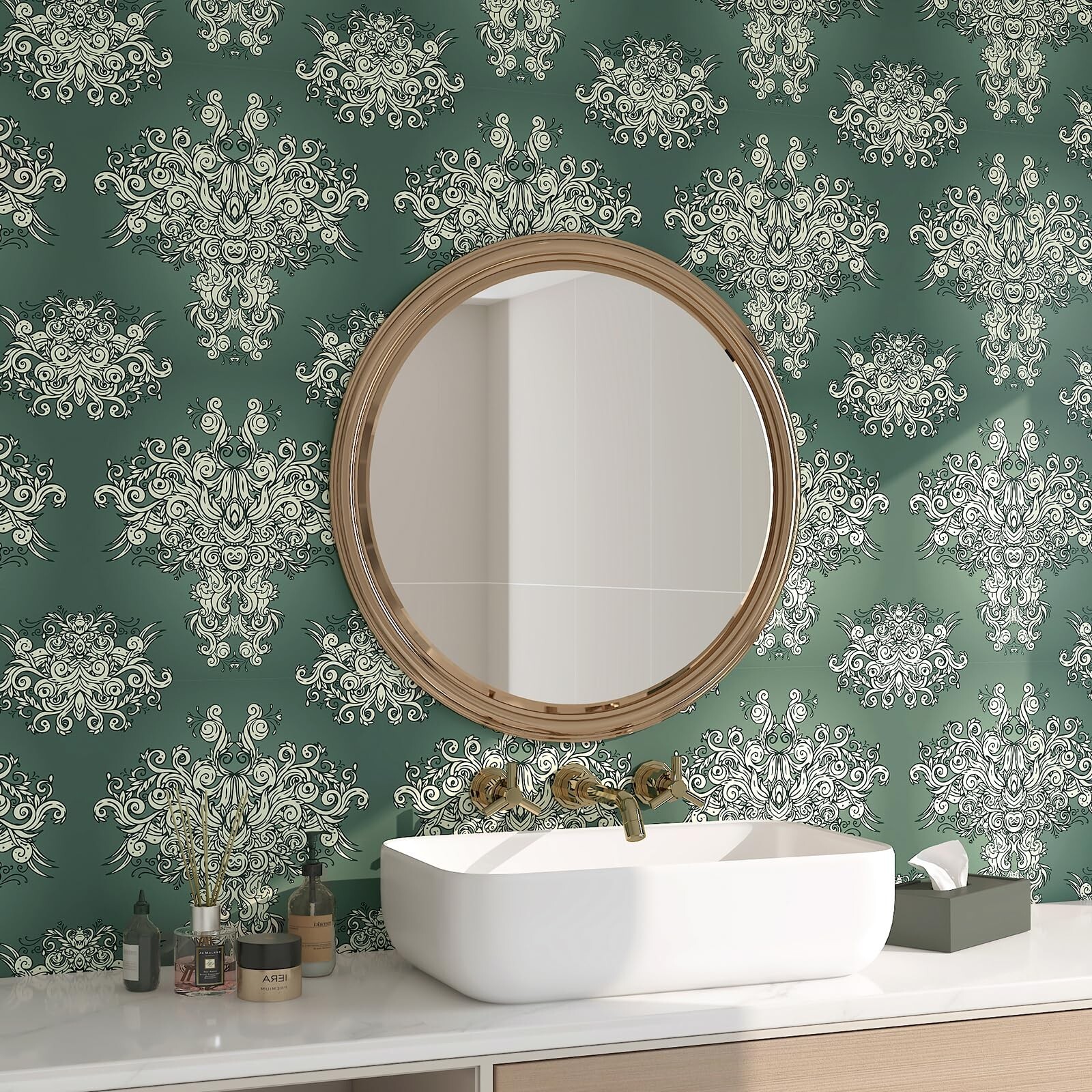 FunStick Damask Wallpaper Peel and Stick Vintage Green Victorian Wallpaper Re…