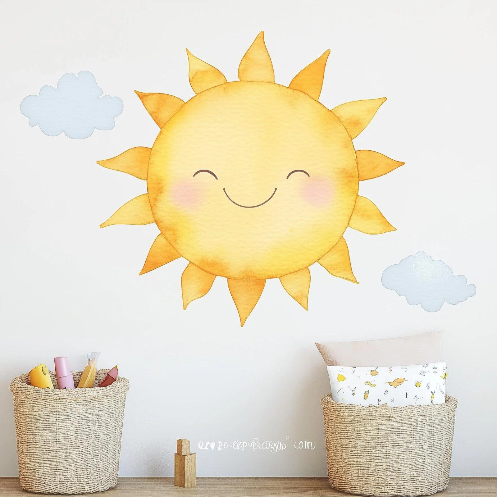 Smiling Sun Wall Decal Sticker | Watercolor Sun and Cloud Nursery Wall Art |