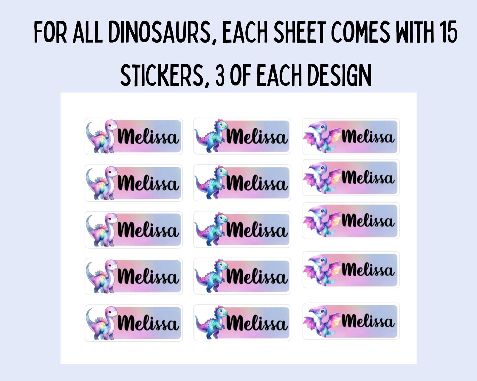 Custom Name Pastel Dinosaur Stickers – 15-Pack Label Sheet for Kids Girls