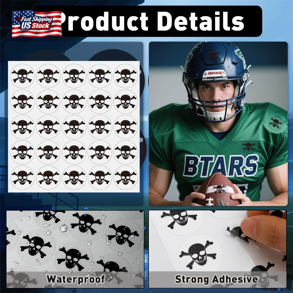 Skull Helmet Stickers, 200 Pcs Youth Football Helmet Stickers, 1-1/8 Inches Viny