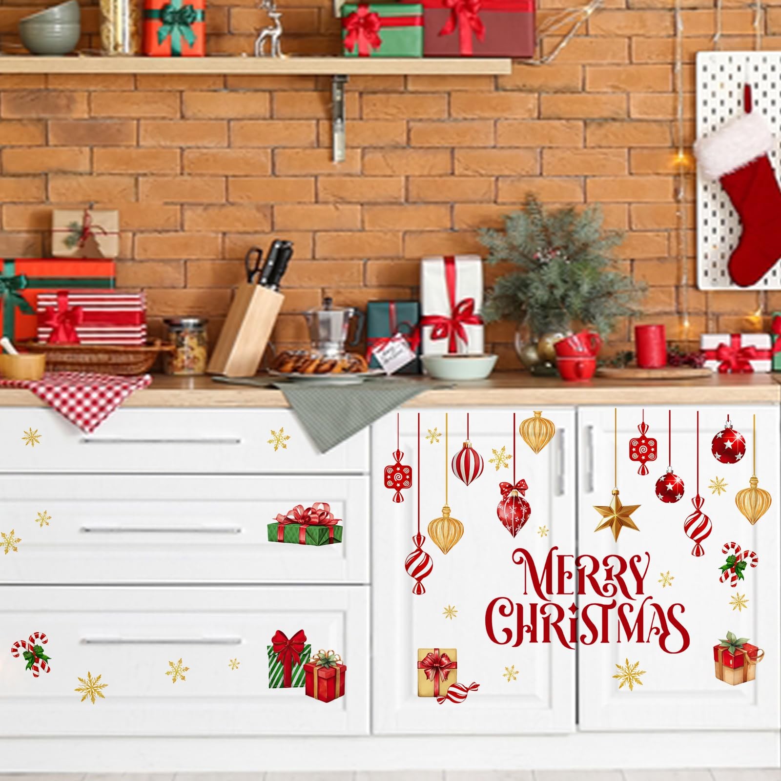 Merry Christmas Balls Wall Decals Stickers, Xmas Gifts Gold Snowflake Decorat…