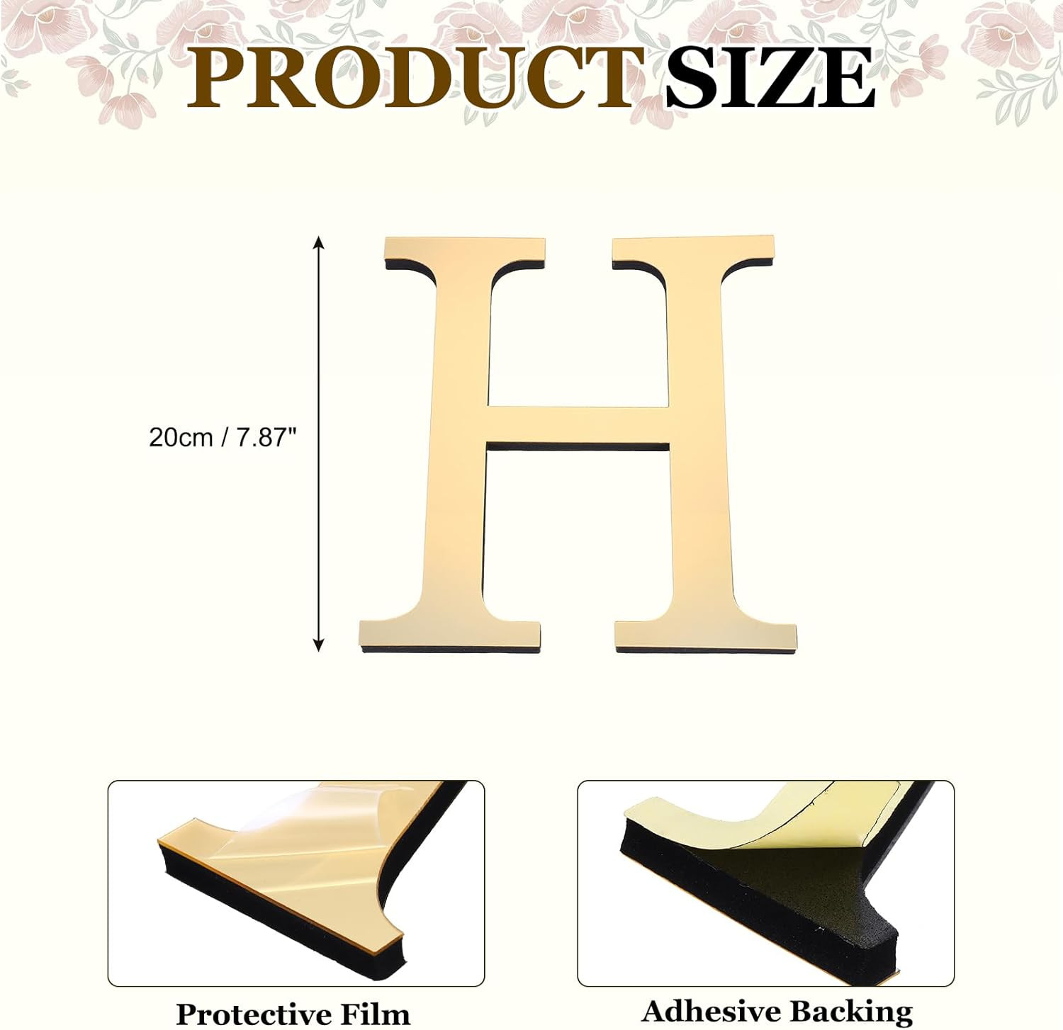7.87 Inch 3D Acrylic Alphabet Mirror Wall Stickers Letter H Self-Adhesive Home D
