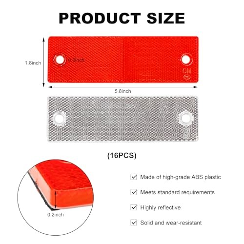 16 PCS Safety Trailer Reflectors Self Adhesive Reflector, Round ABS Rectangle
