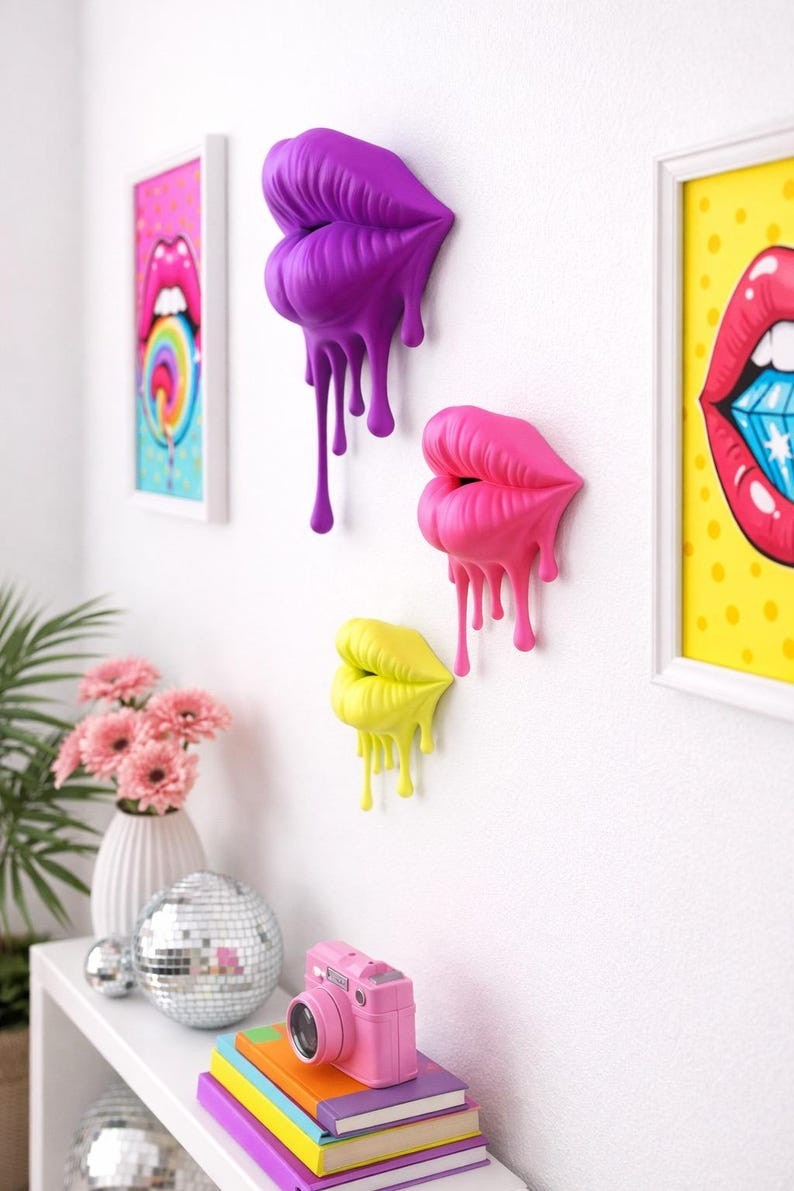 3D Effect Pop Art Lips Wall Decal, Purple & Yellow Dripping Lips Wall Decor